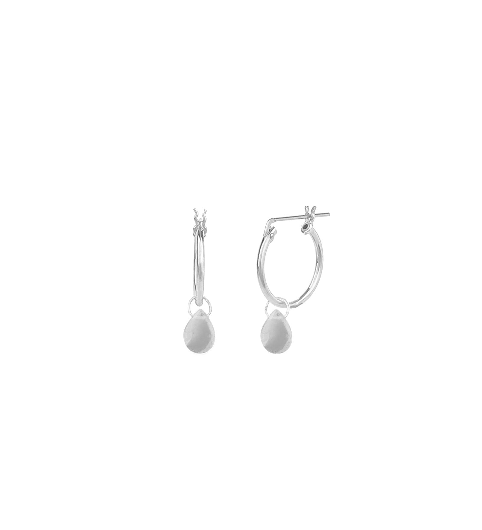 Moonstone Floating Pear Huggies | 14mm Sterling Silver, Moonstone
