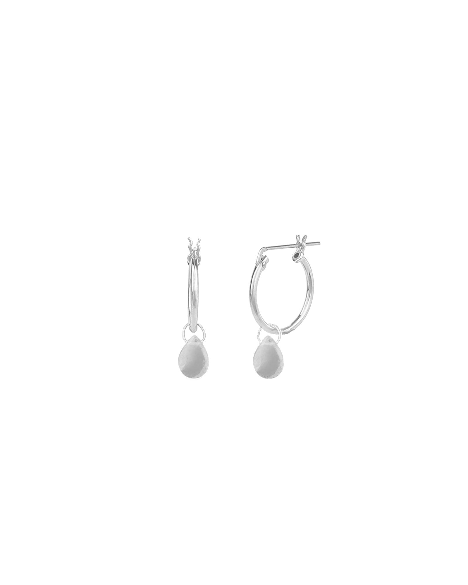 Moonstone Floating Pear Huggies | 14mm Sterling Silver, Moonstone