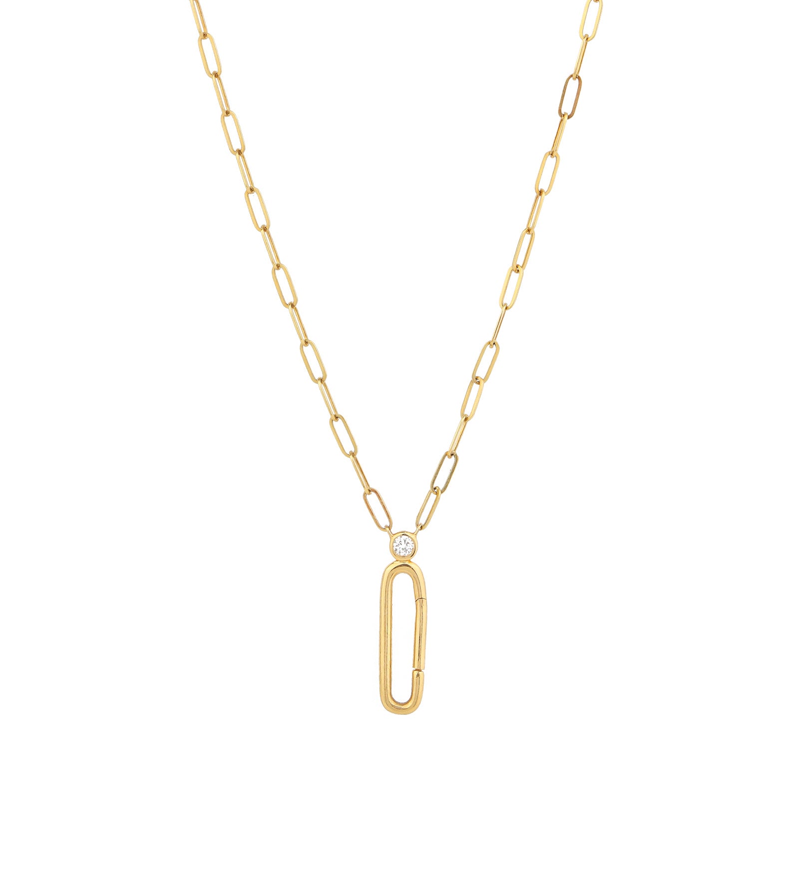 Paperclip Bezel Diamond Charm Holder Necklace 14k Yellow Gold, Diamond