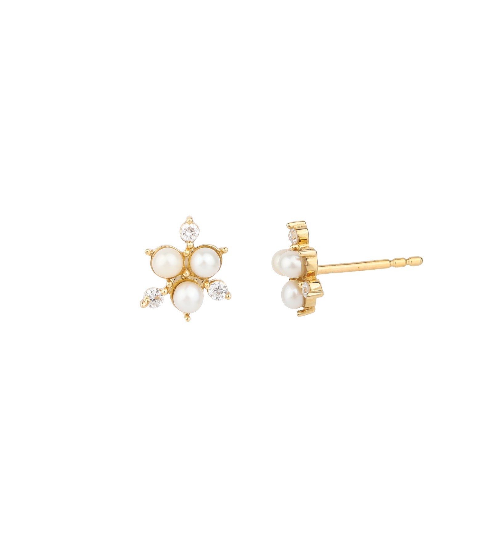 Pearl Diamond Cluster Studs 14k Yellow Gold, Diamond