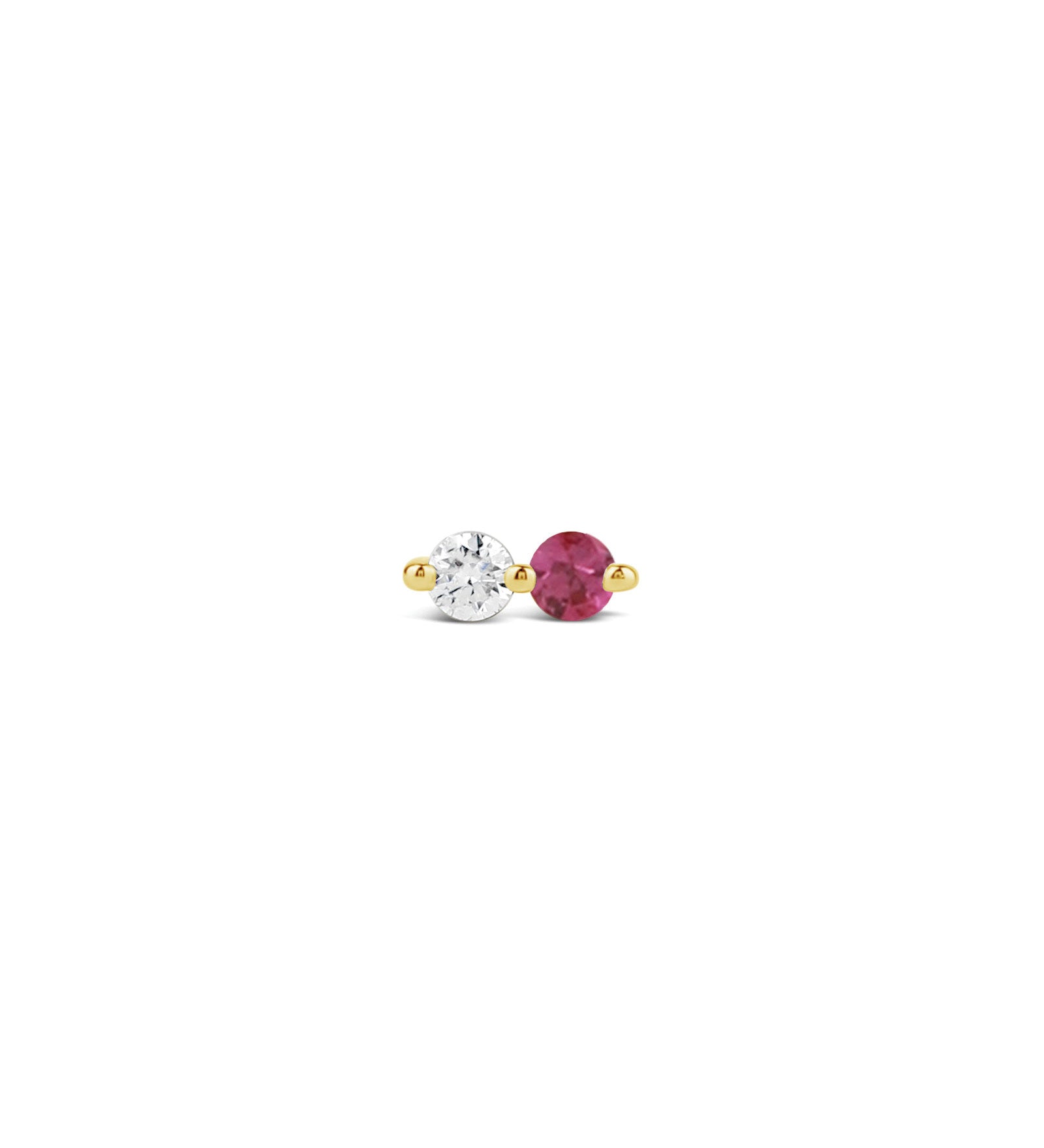 Double Diamond + Ruby Stud 14k Yellow Gold, Diamond