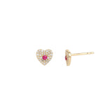 Pave Ruby Heart Studs 14k Yellow Gold, Diamond