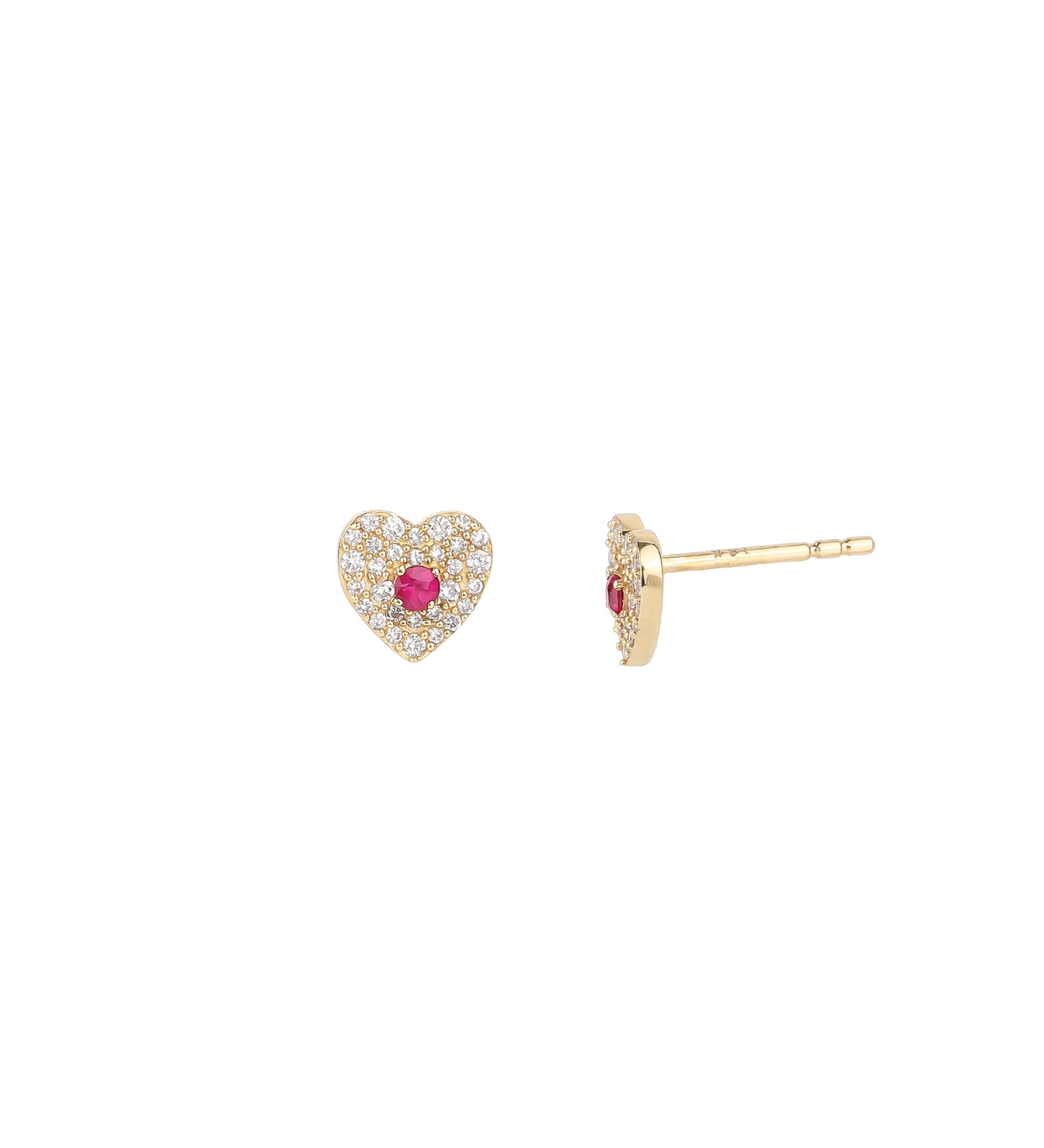 Pave Ruby Heart Studs 14k Yellow Gold, Diamond