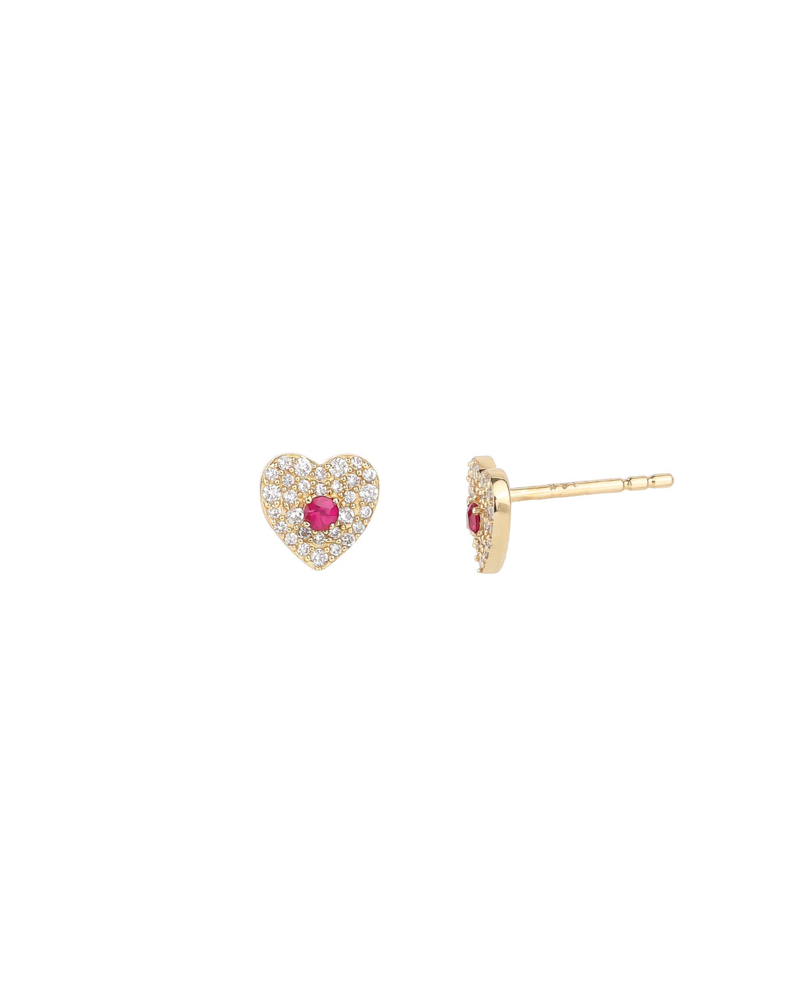 Pave Ruby Heart Studs 14k Yellow Gold, Diamond
