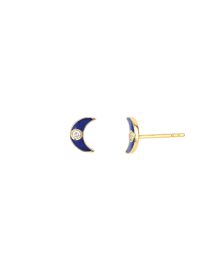 Goldhive-Enamel Diamond Moon Studs-Earrings-14k Yellow Gold, Diamond-Blue Ruby Jewellery-Vancouver Canada