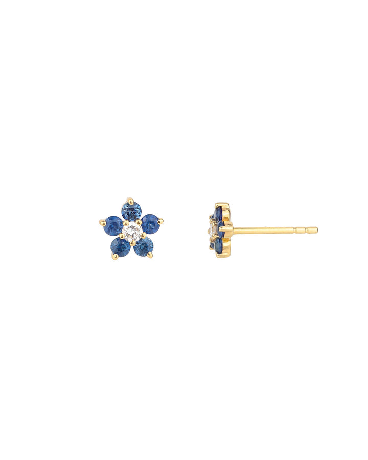 Sapphire + Diamond Flower Studs 14k Yellow Gold, Diamond