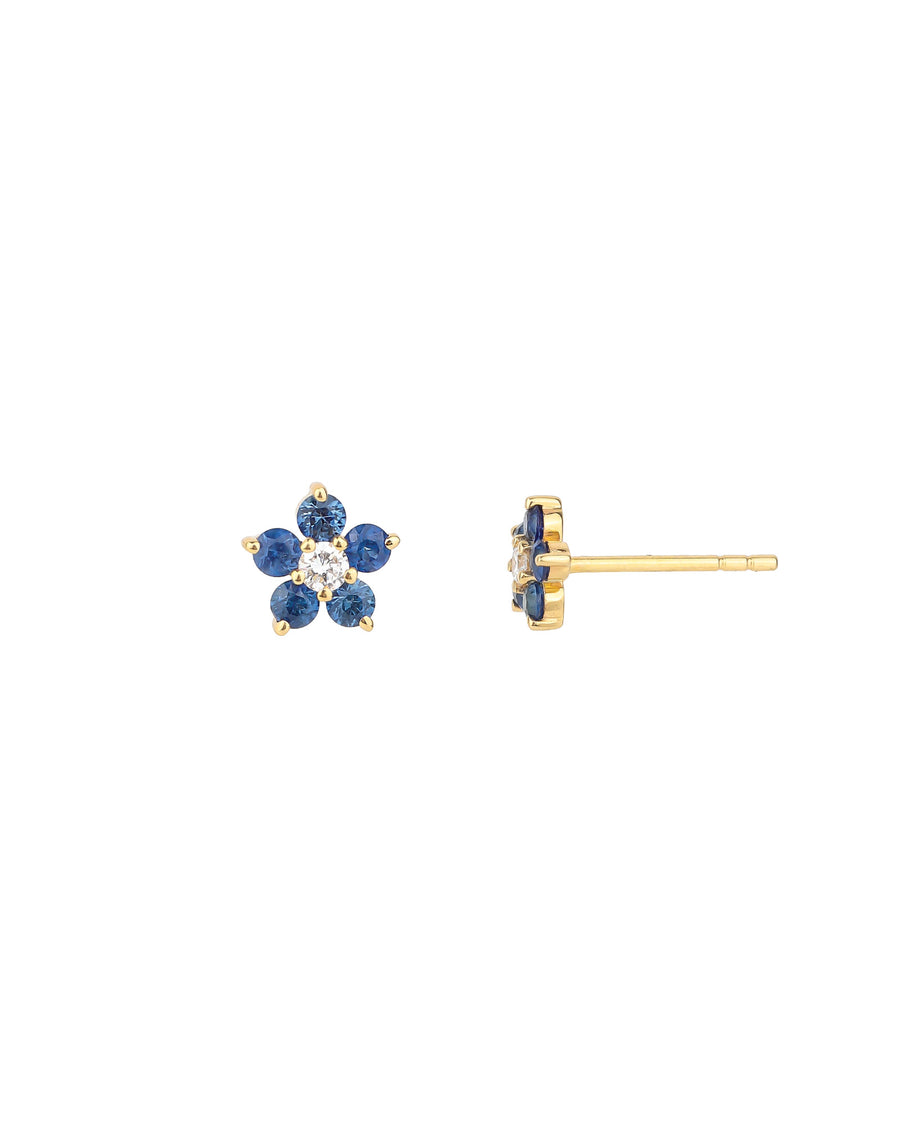 Sapphire + Diamond Flower Studs 14k Yellow Gold, Diamond