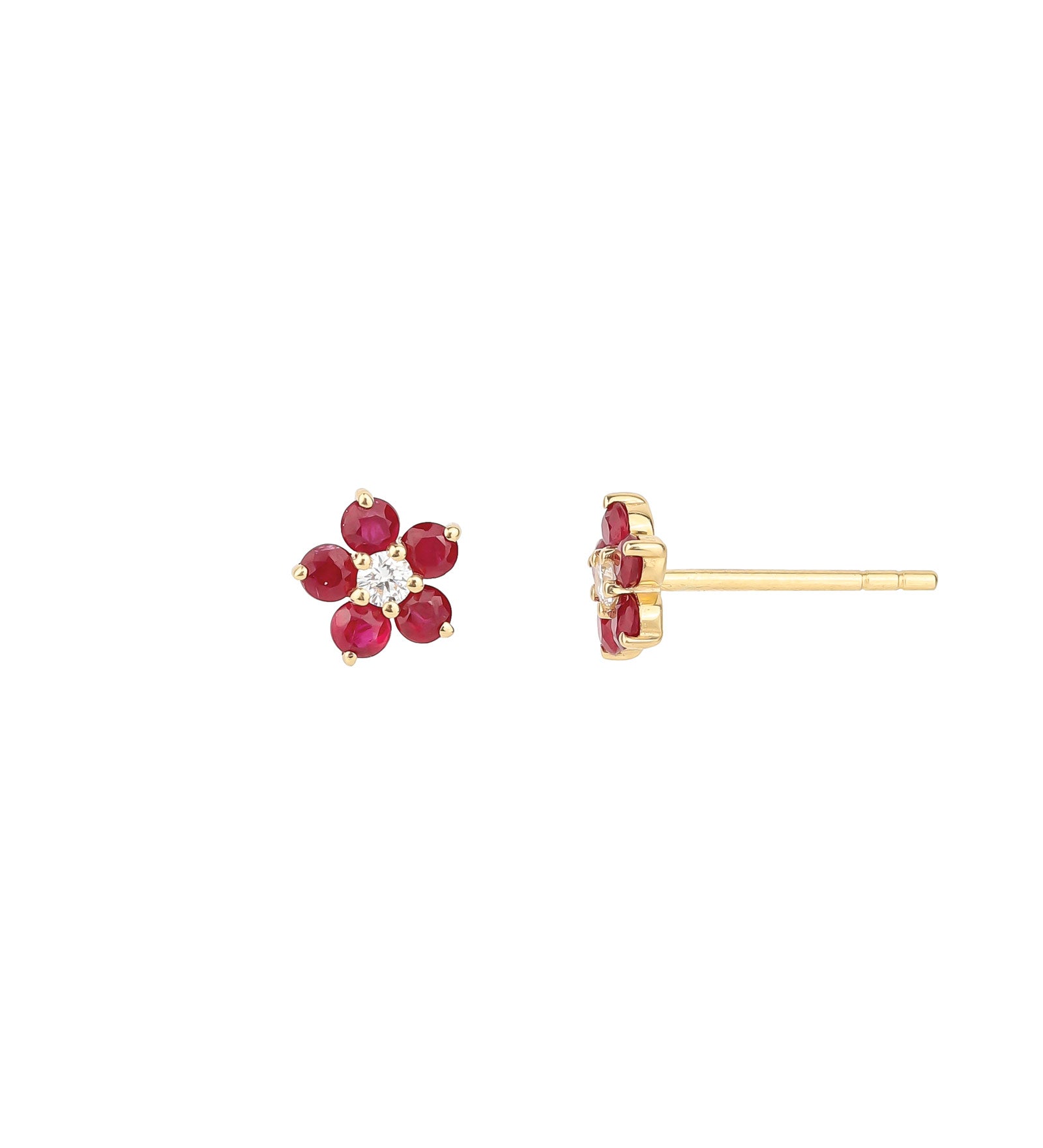 Ruby + Diamond Flower Studs 14k Yellow Gold, Diamond