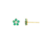 Emerald + Diamond Flower Studs 14k Yellow Gold, Diamond