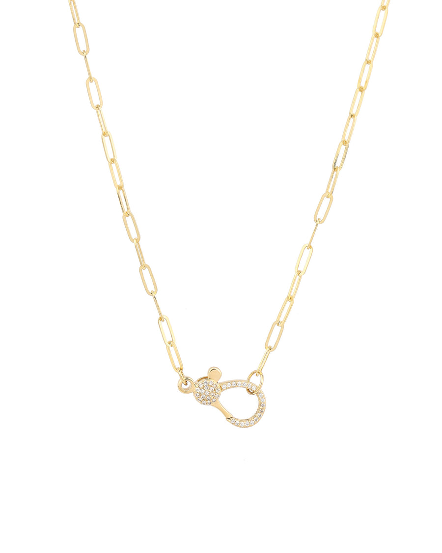 Pave Clasp Paperclip Necklace 14k Yellow Gold, Diamond