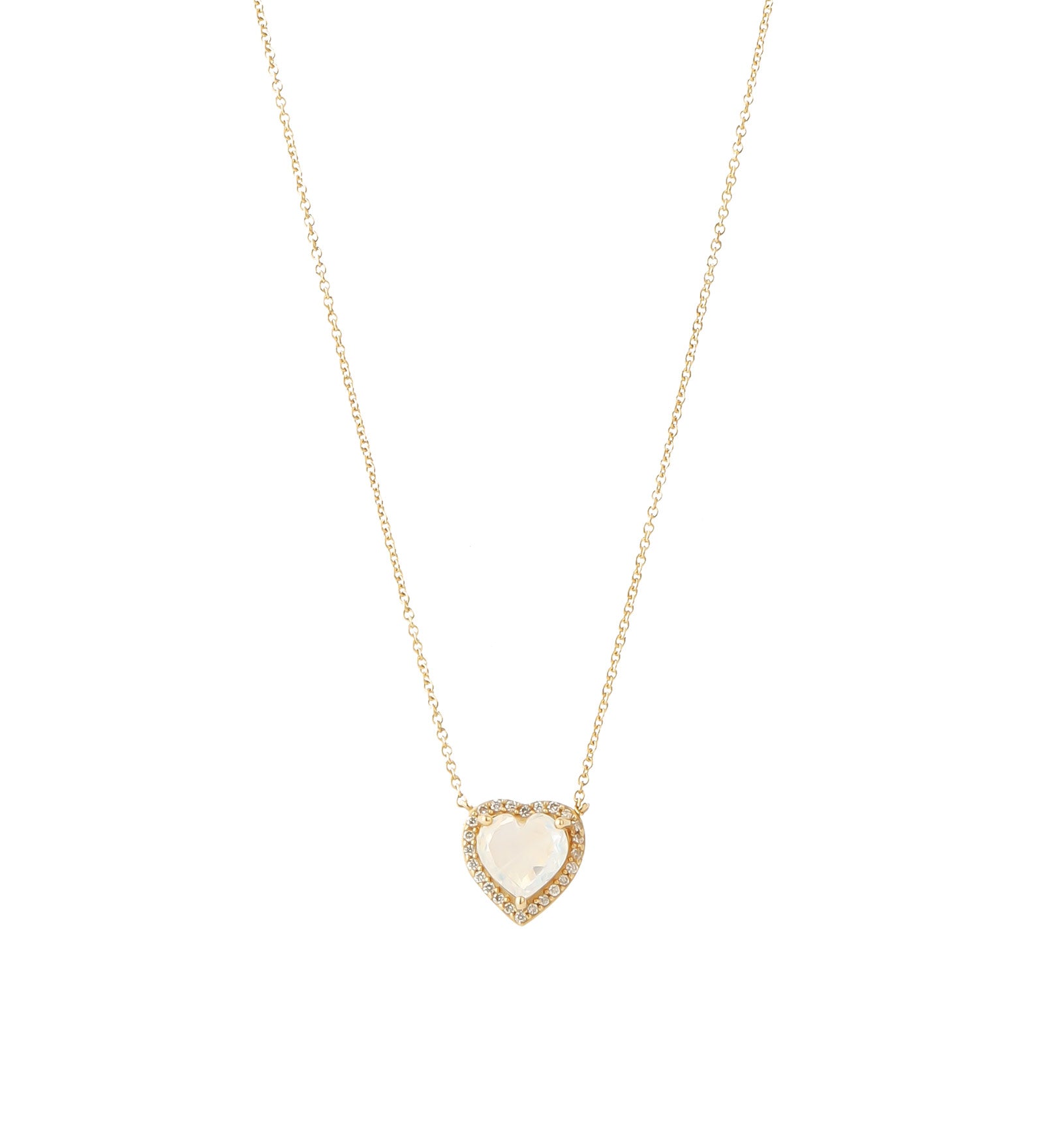Heart Diamond Moonstone Halo Necklace 14k Yellow Gold, Diamond