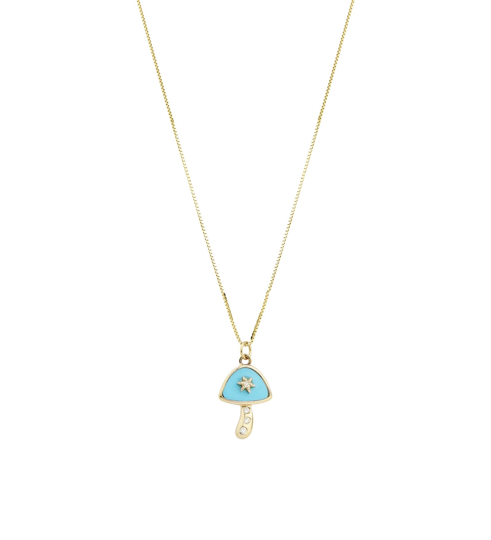 Goldhive-Turquoise + Diamond Mushroom Box Chain Necklace-Necklaces-14k Yellow Gold, Turquoise, Diamond-Blue Ruby Jewellery-Vancouver Canada