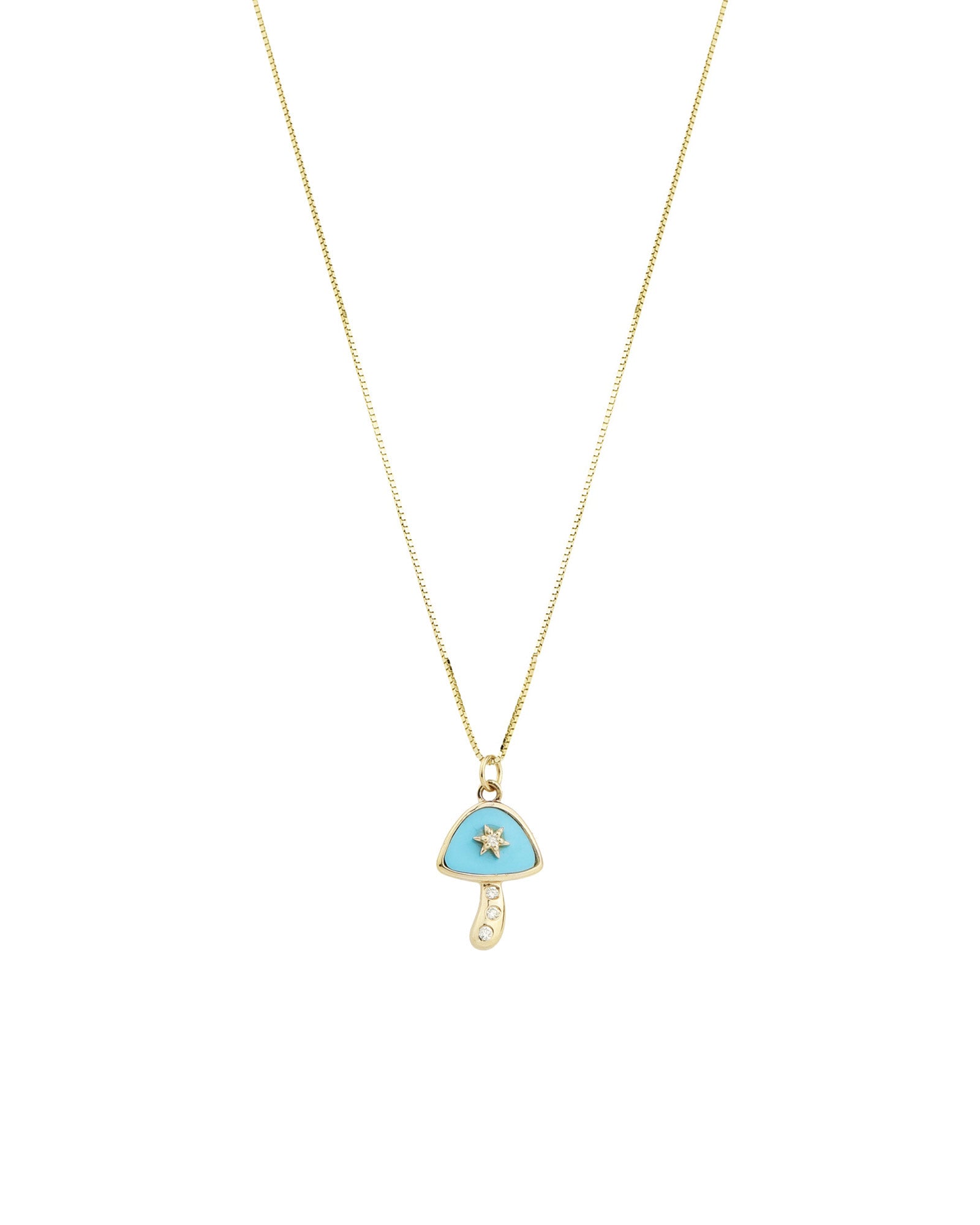 Goldhive-Turquoise + Diamond Mushroom Box Chain Necklace-Necklaces-14k Yellow Gold, Turquoise, Diamond-Blue Ruby Jewellery-Vancouver Canada