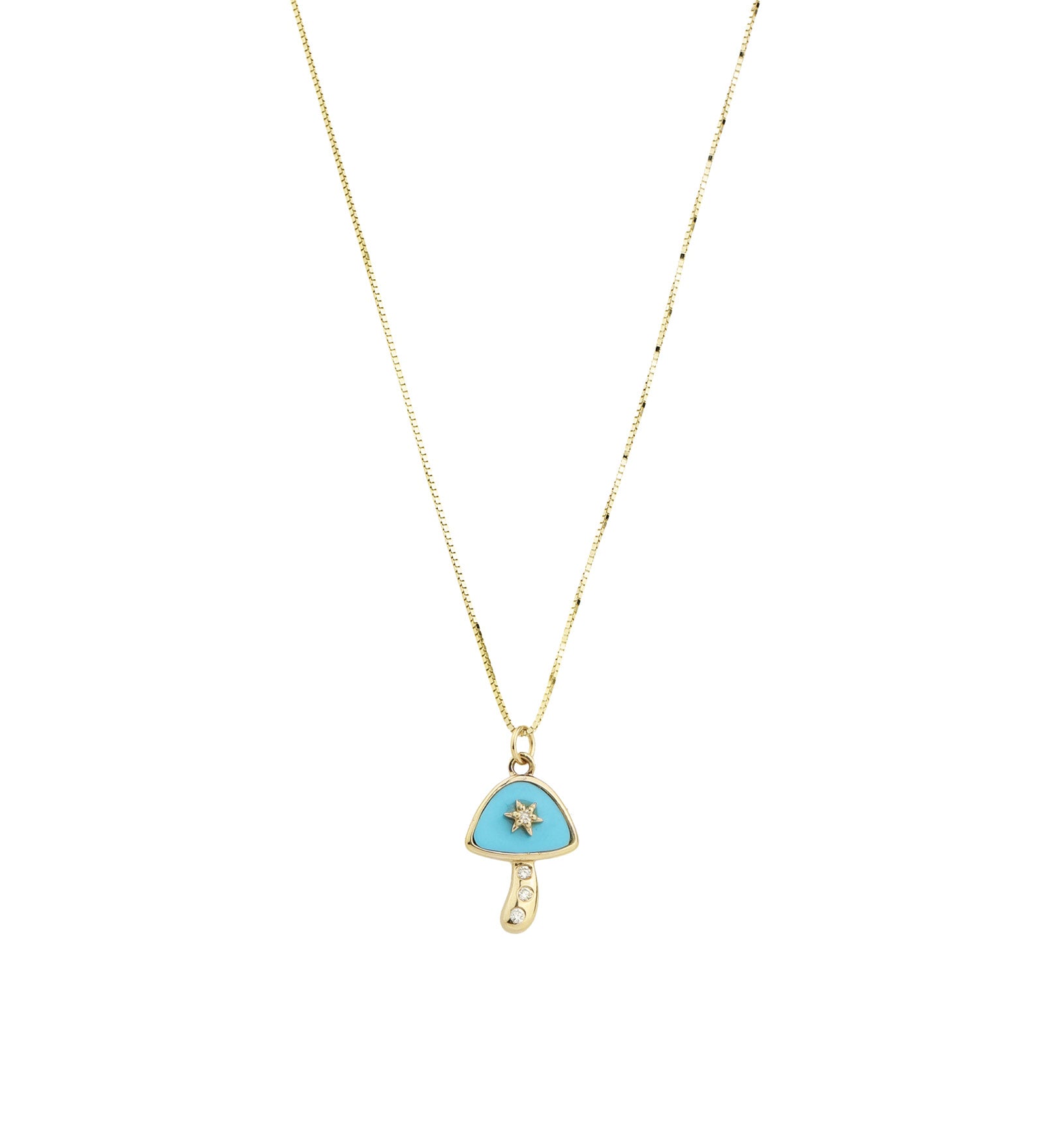 Goldhive-Turquoise + Diamond Mushroom Box Chain Necklace-Necklaces-14k Yellow Gold, Turquoise, Diamond-Blue Ruby Jewellery-Vancouver Canada