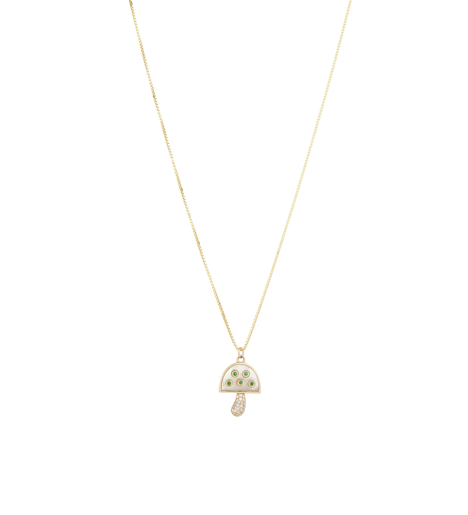Stone Diamond Mushroom Box Chain Necklace 14k Yellow Gold, Diamond