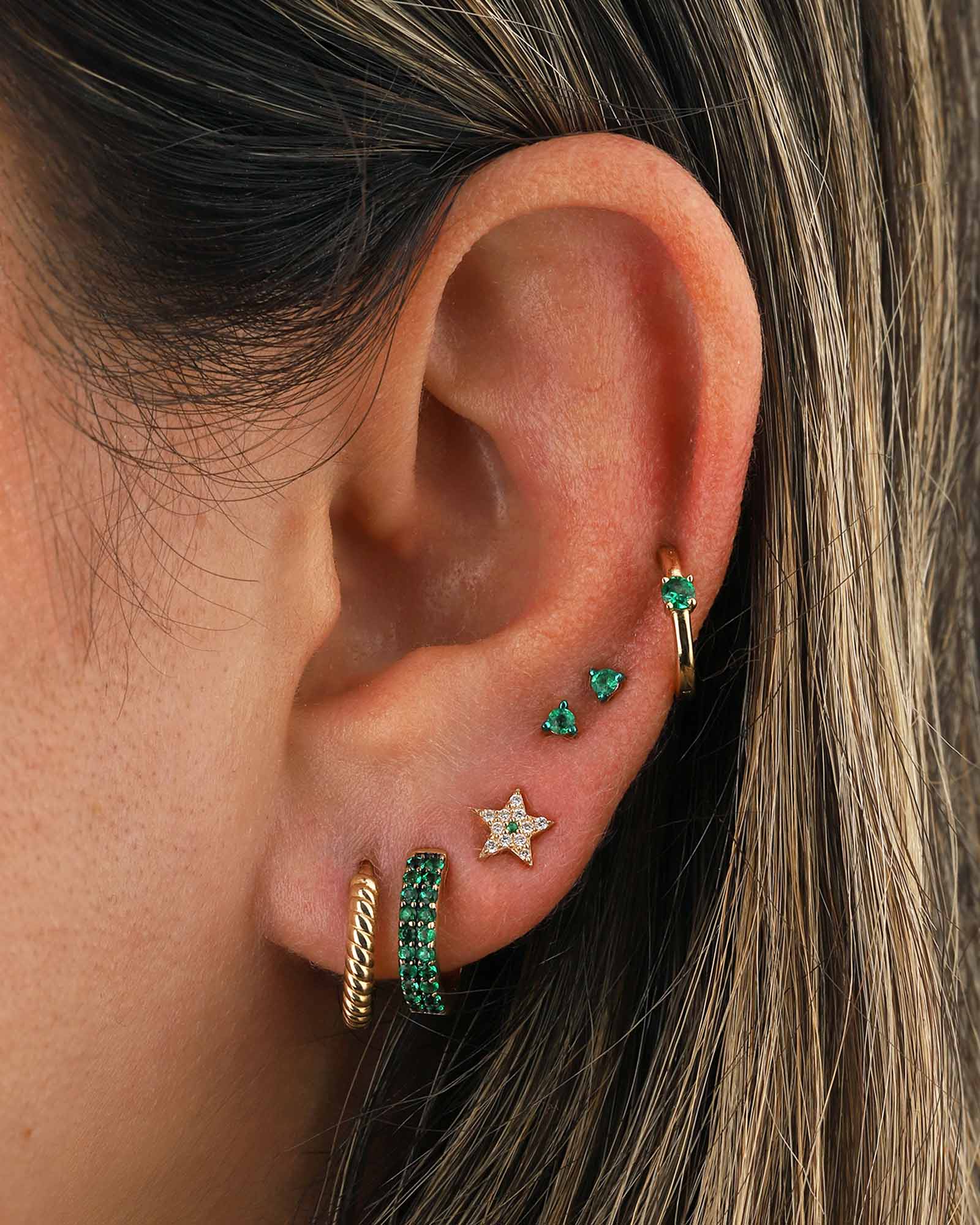 Goldhive-2 Row Emerald Huggies | 12mm-Earrings-14k Yellow Gold, Emerald-Blue Ruby Jewellery-Vancouver Canada