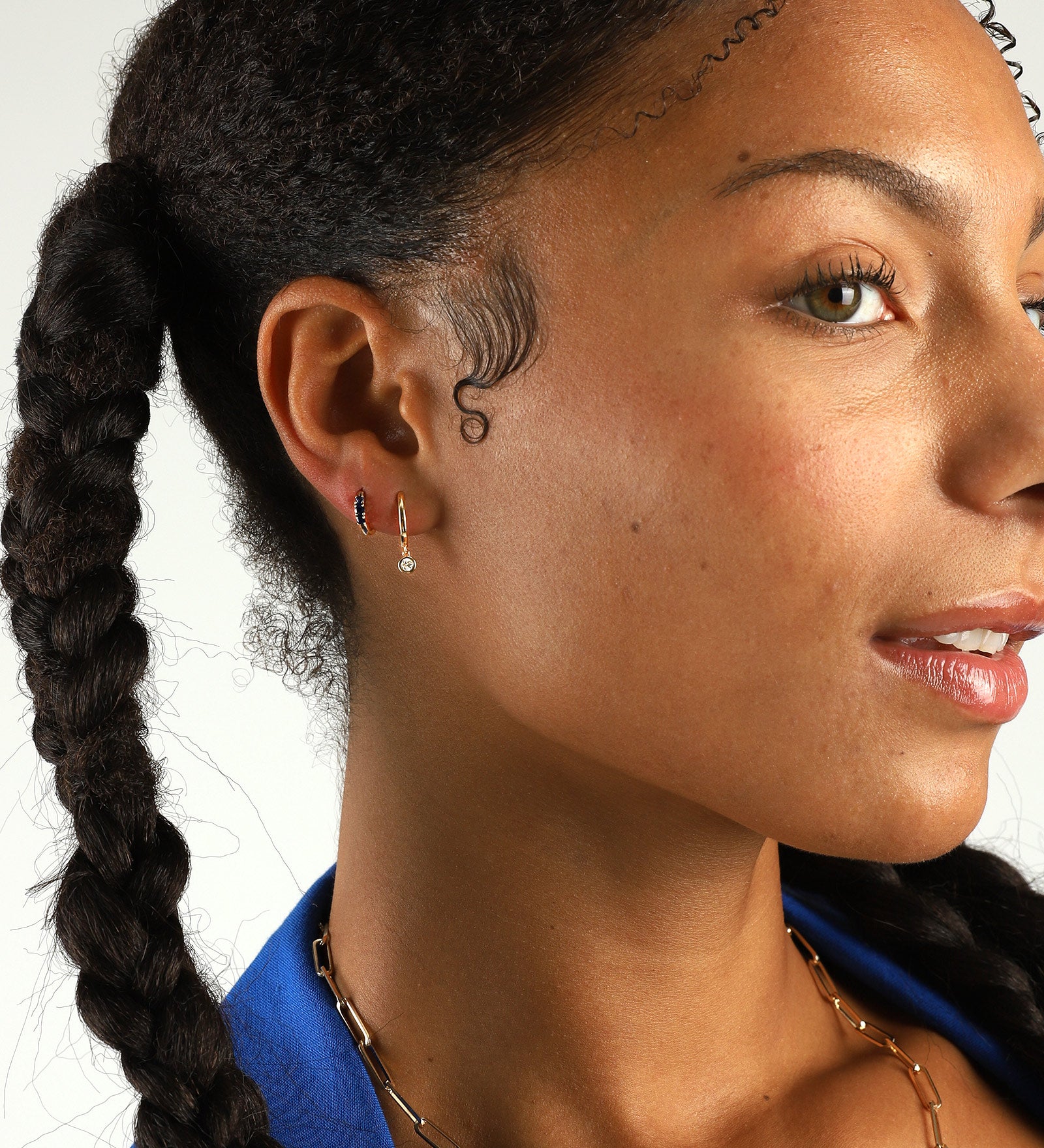 3 Stone Huggies | 11mm 14k Yellow Gold, Blue Sapphire