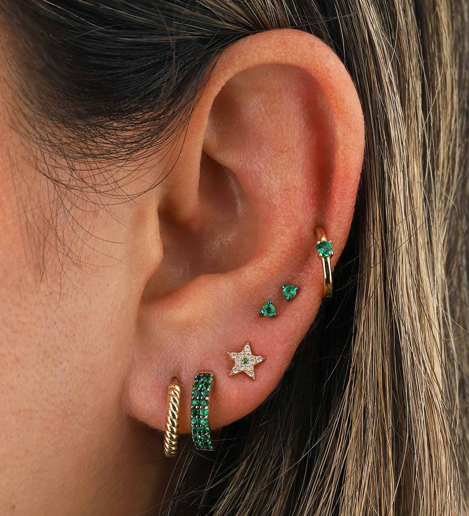 Goldhive-Single Emerald Huggie | 11mm-Earrings-14k Yellow Gold, Emerald-Blue Ruby Jewellery-Vancouver Canada