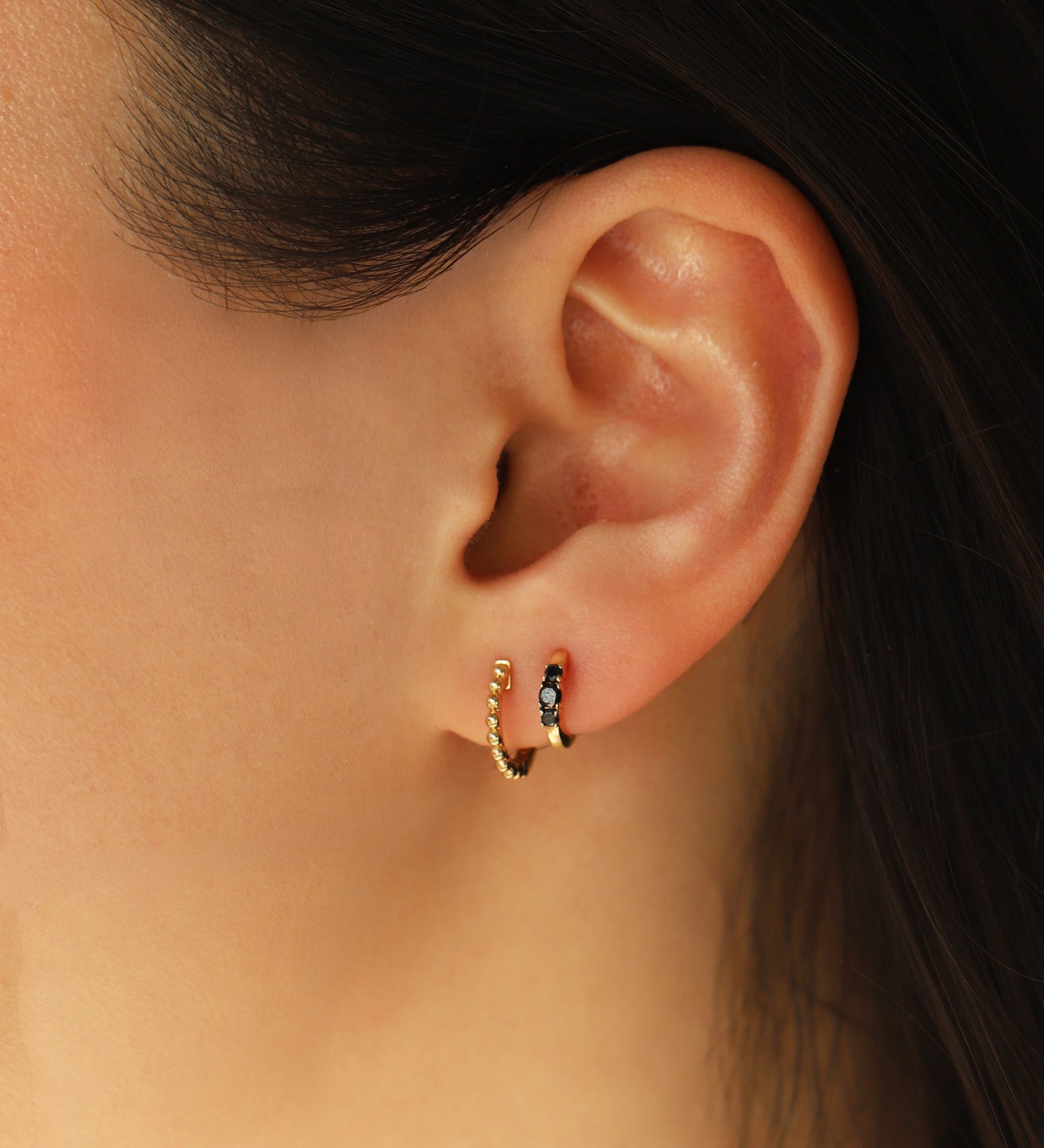 Goldhive-Three Black Diamond Huggies | 11mm-Earrings-Blue Ruby Jewellery-Vancouver Canada