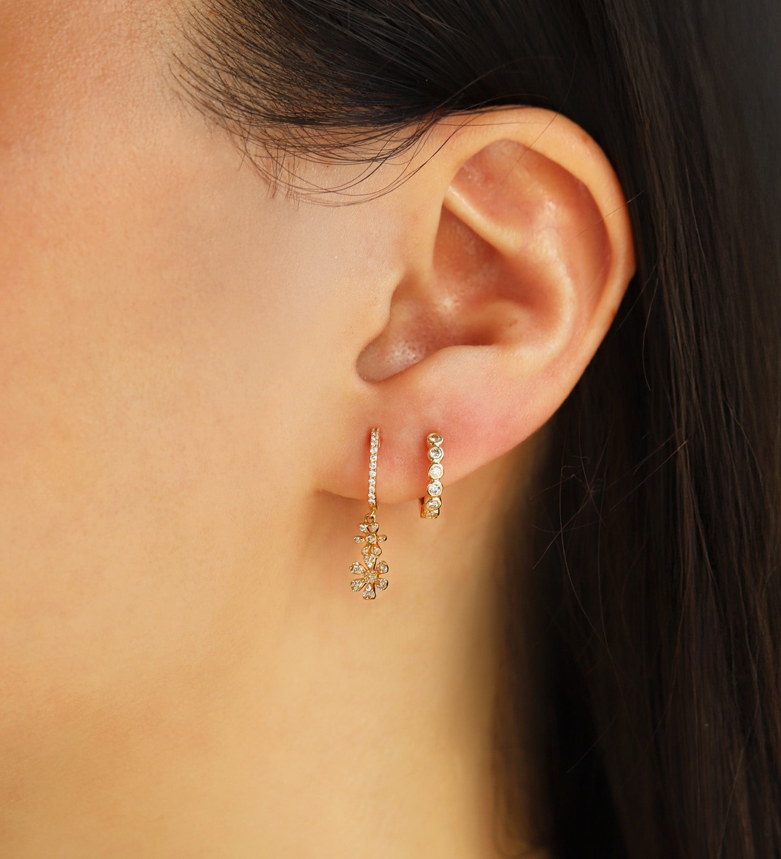 Goldhive-2 Daisy Drop Pavé Huggies-Earrings-Blue Ruby Jewellery-Vancouver Canada