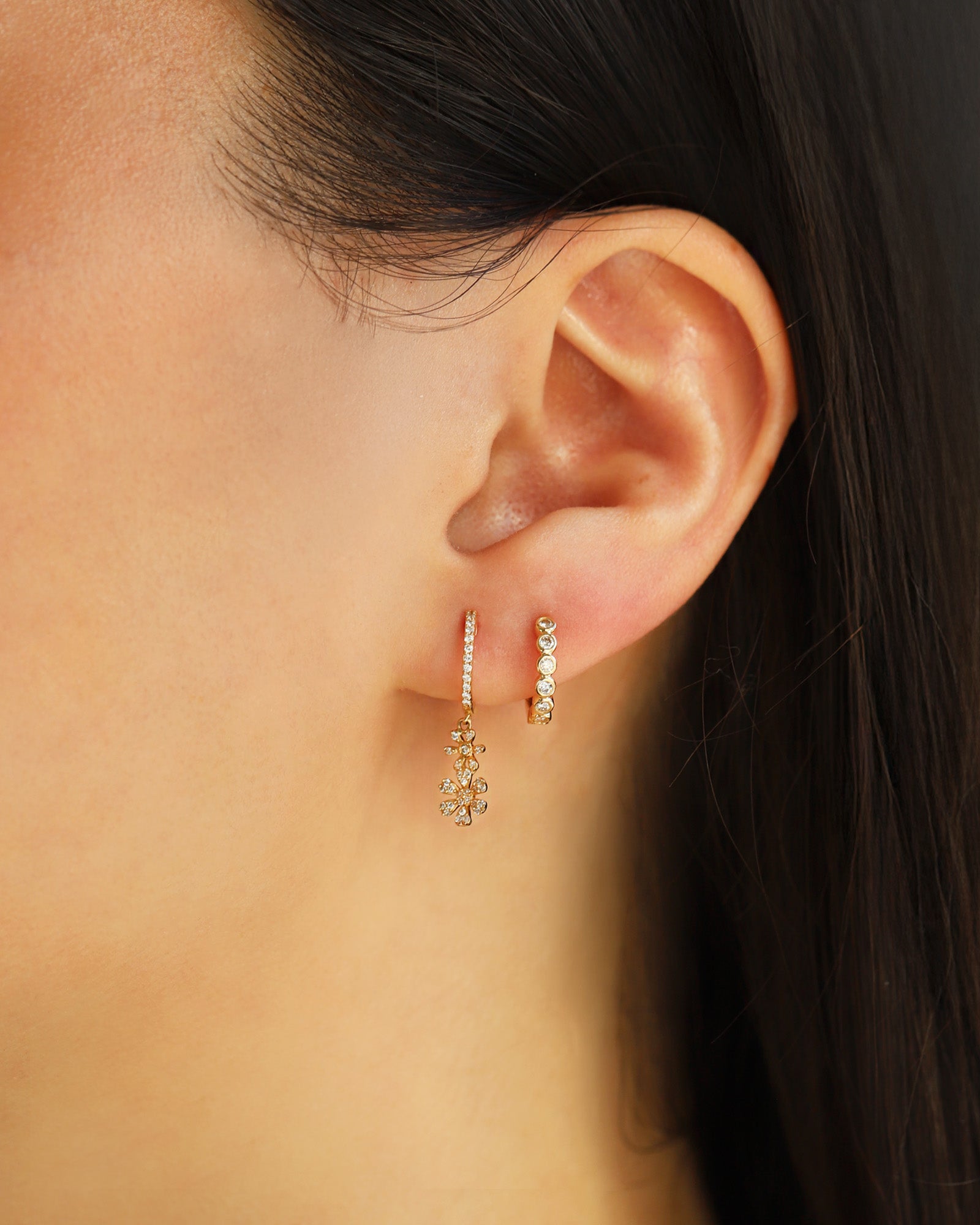 Goldhive-2 Daisy Drop Pavé Huggies-Earrings-Blue Ruby Jewellery-Vancouver Canada