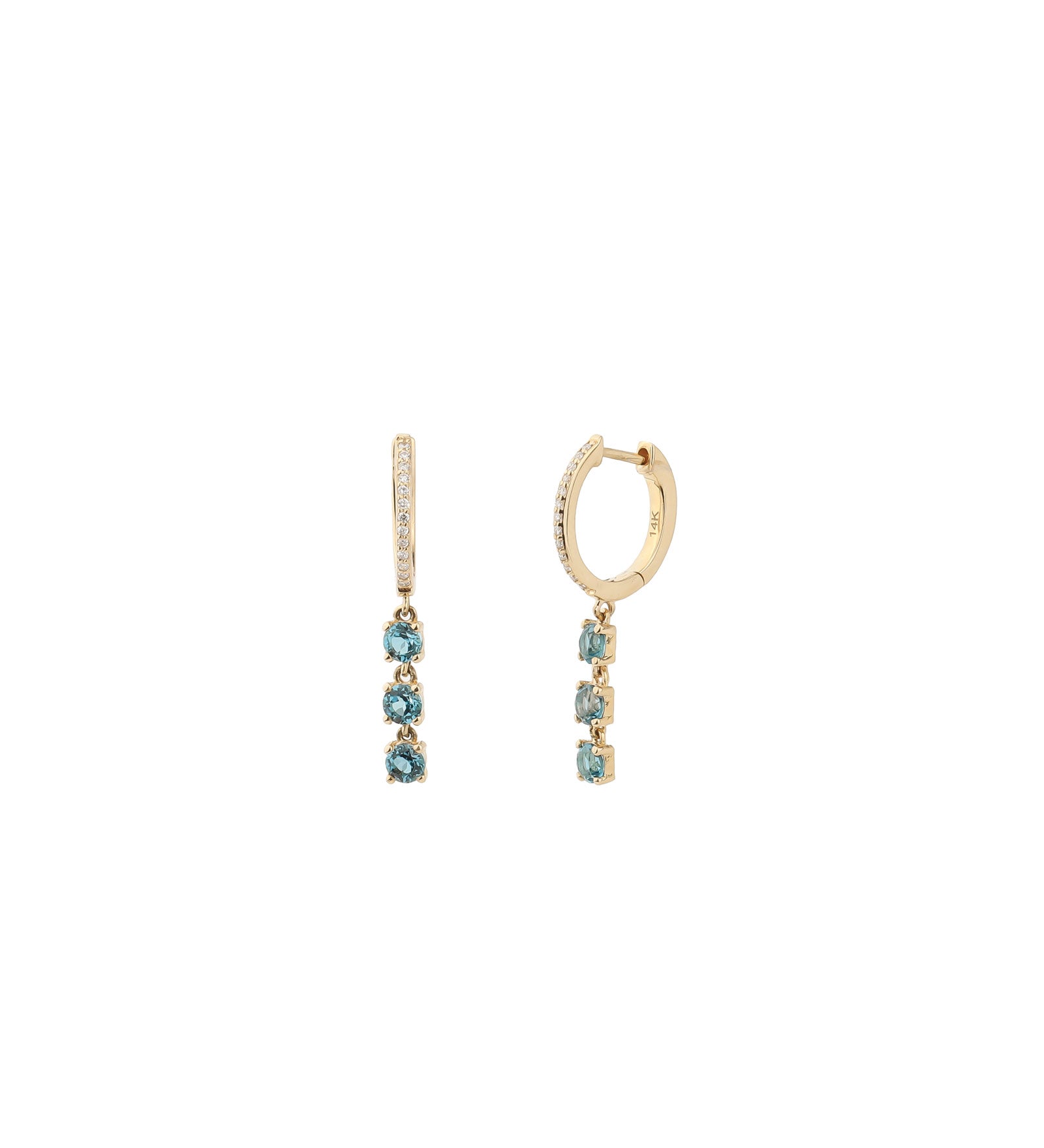 Goldhive-3 Drop London Blue Topaz Huggies-Earrings-14k Yellow Gold, Diamond-Blue Ruby Jewellery-Vancouver Canada