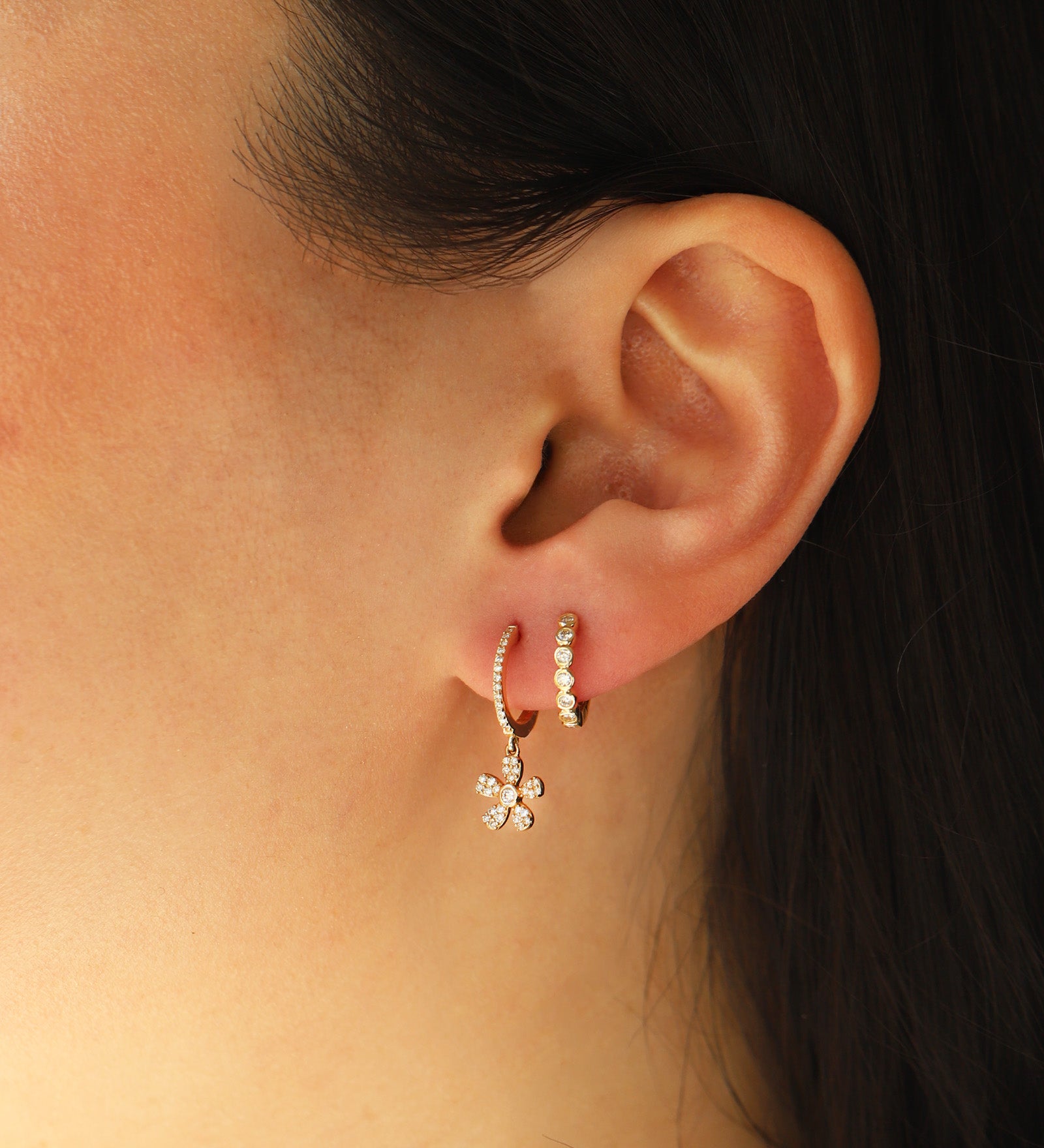 Goldhive-Flower Drop Pavé Huggies-Earrings-Blue Ruby Jewellery-Vancouver Canada