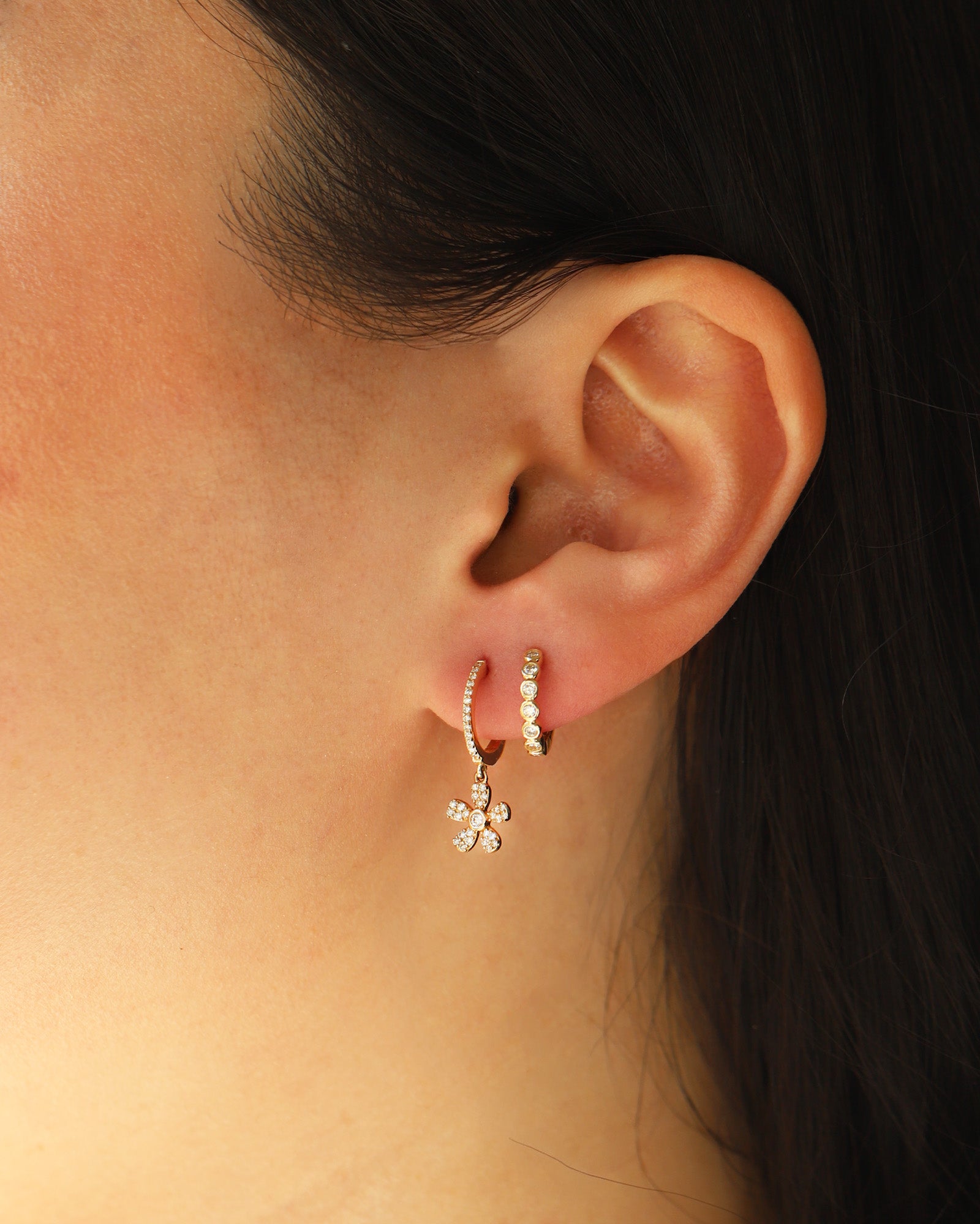 Goldhive-Flower Drop Pavé Huggies-Earrings-Blue Ruby Jewellery-Vancouver Canada