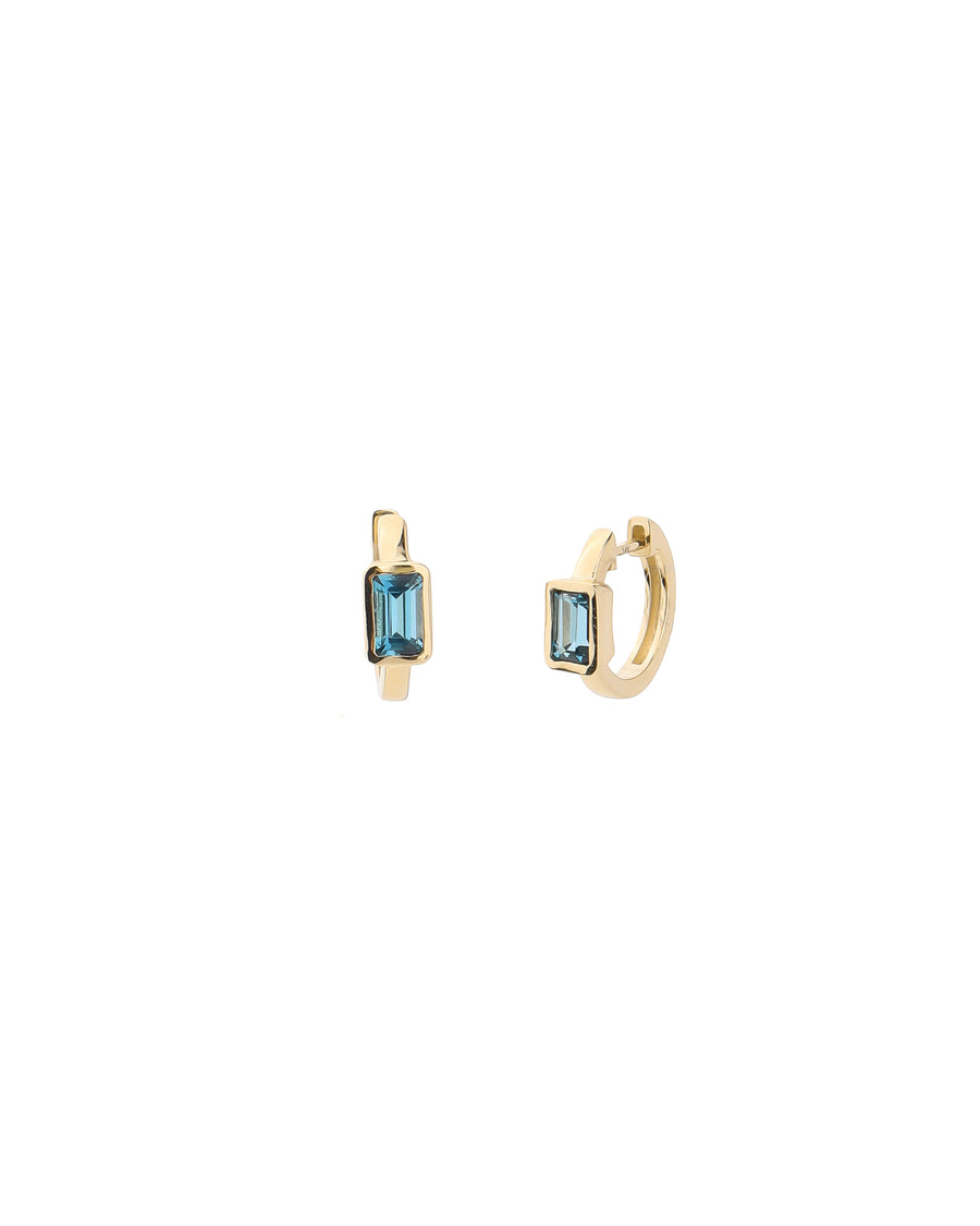 Goldhive-Emerald Cut Baguette Huggies-Earrings-14k Yellow Gold, London Blue Topaz-Blue Ruby Jewellery-Vancouver Canada