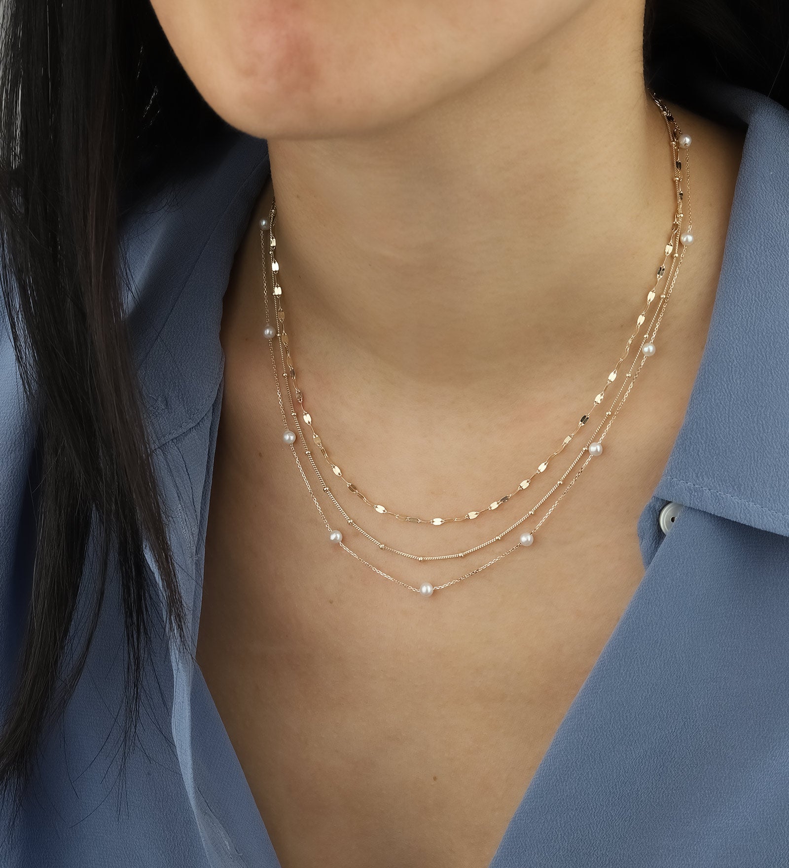 Satellite Chain Necklace 10k Yellow Gold, White Pearl / 14"-16"