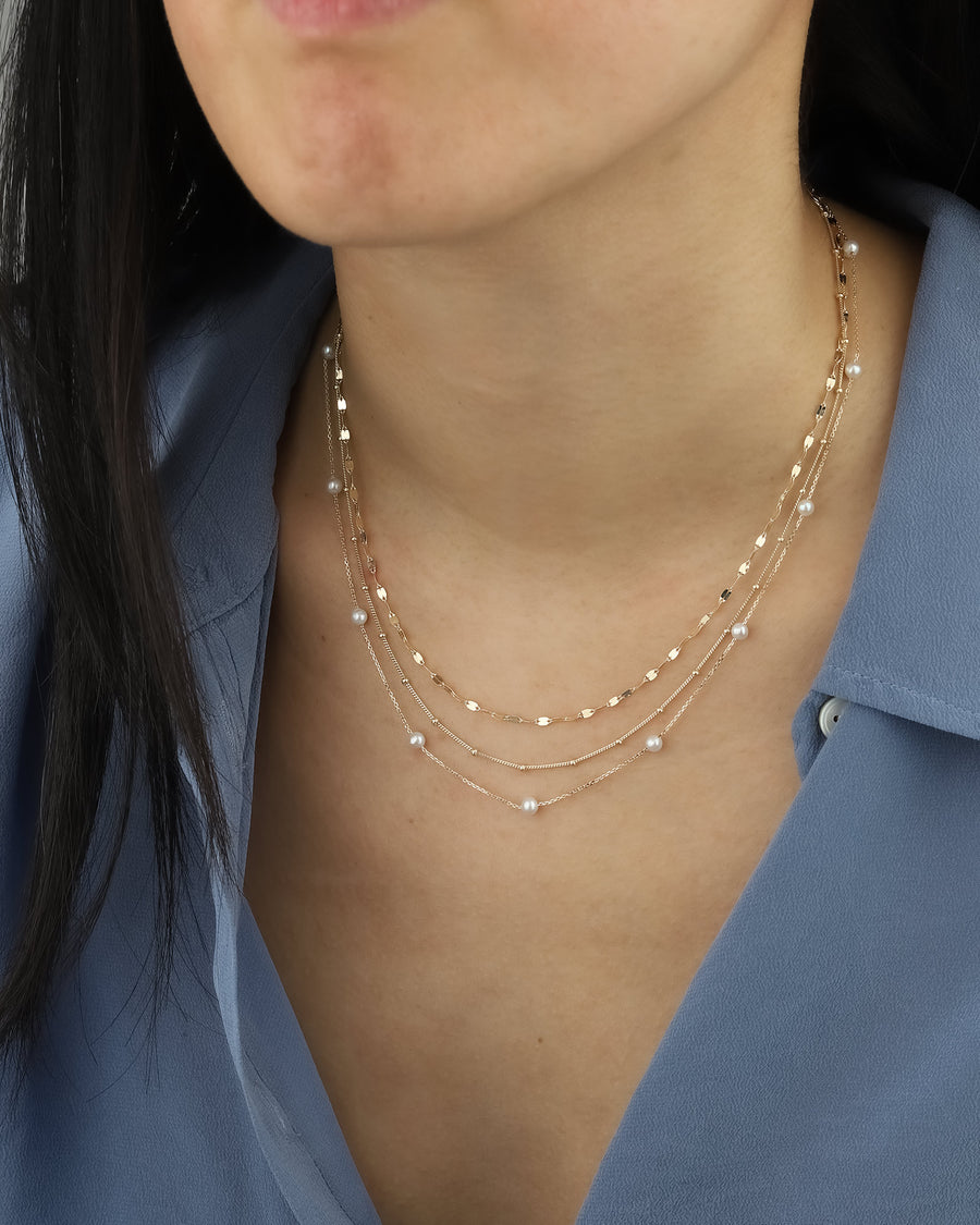 Satellite Chain Necklace 10k Yellow Gold, White Pearl / 14"-16"