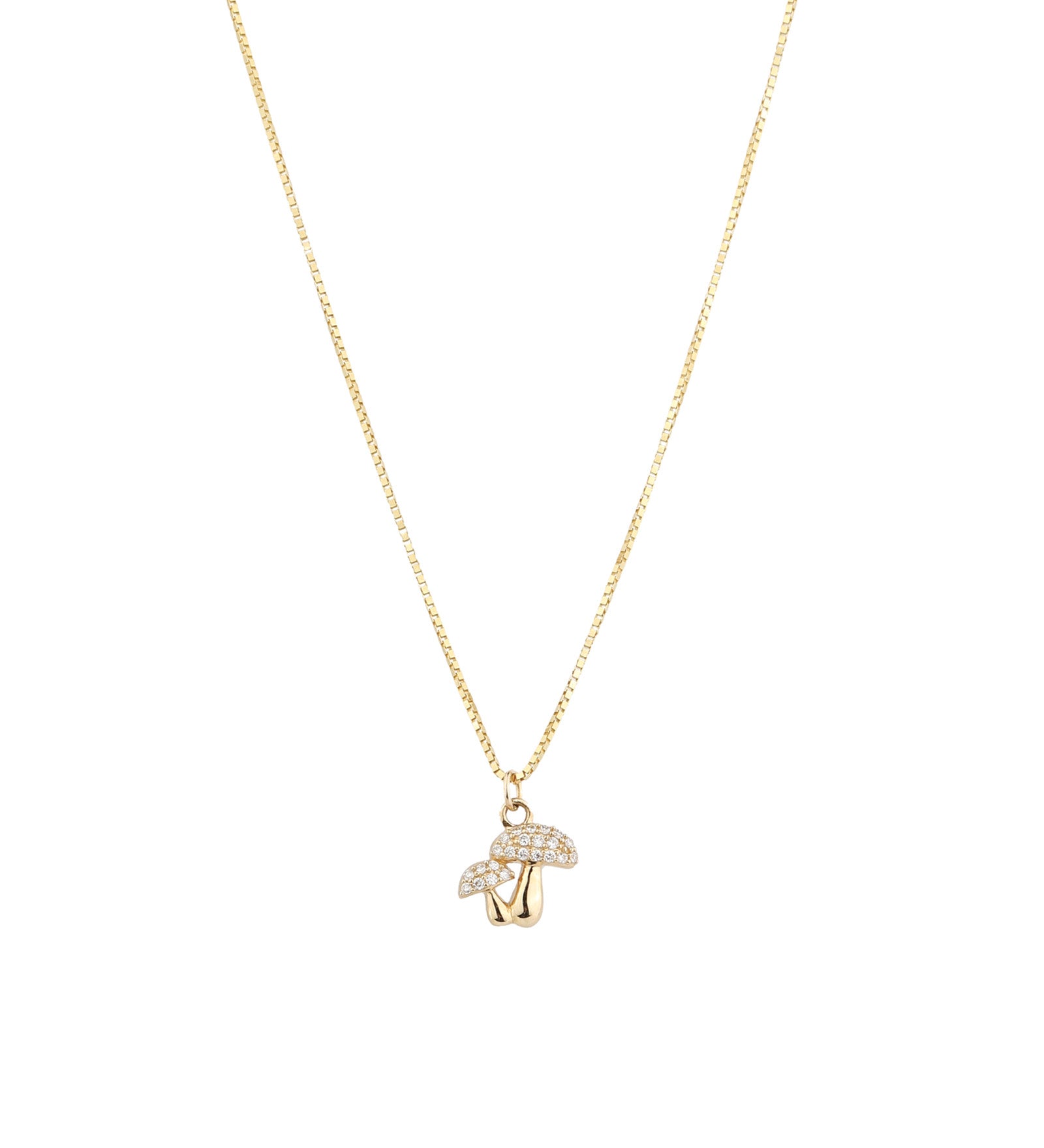 Pavé Two Mushroom Box Chain Necklace 14k Yellow Gold, Diamond