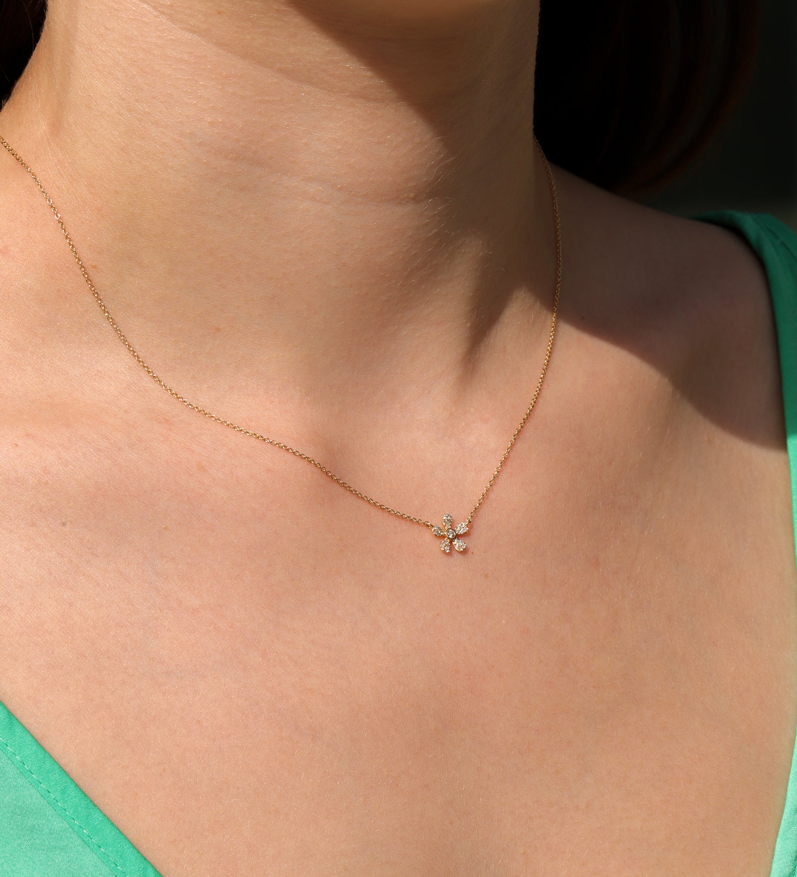 5 Petal Flower Necklace 14k Yellow Gold, Diamond