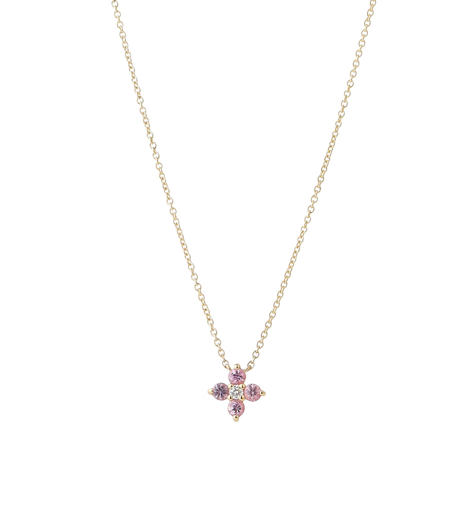 Four Petal Flower Stone Necklace 14k Yellow Gold, Diamond