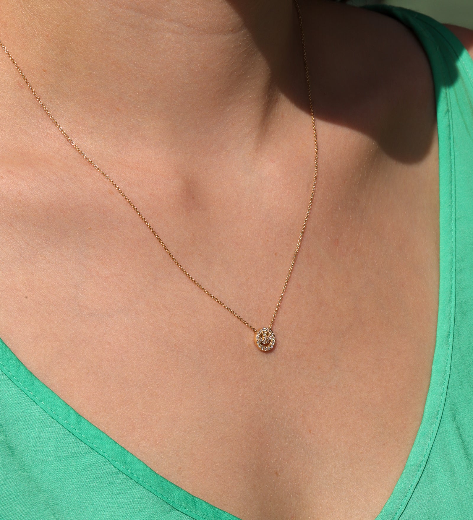 Pavé Smiley Face Necklace 14k Yellow Gold, Diamond