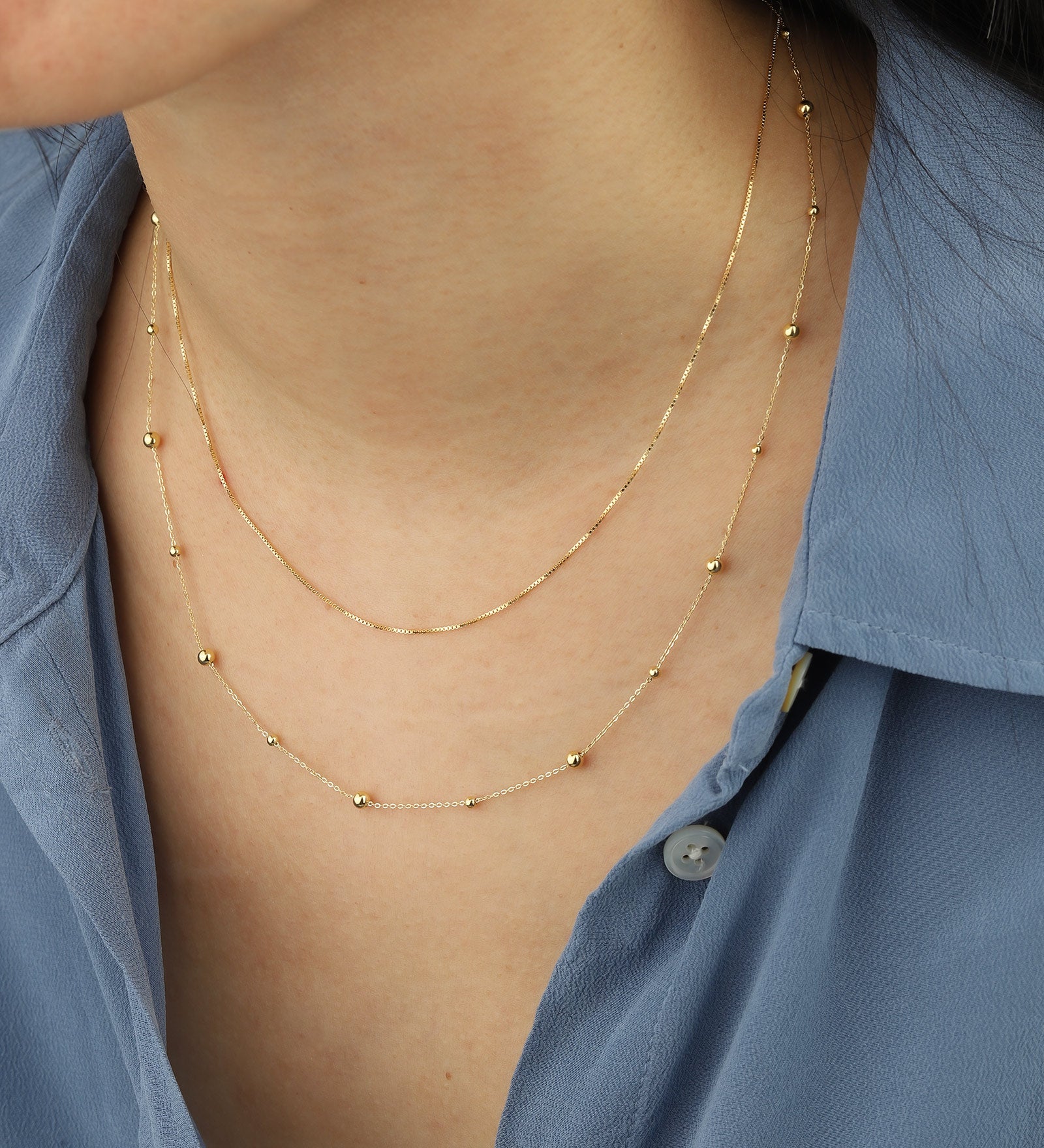 Box Chain Necklace 14k Yellow Gold, White Pearl / 16"