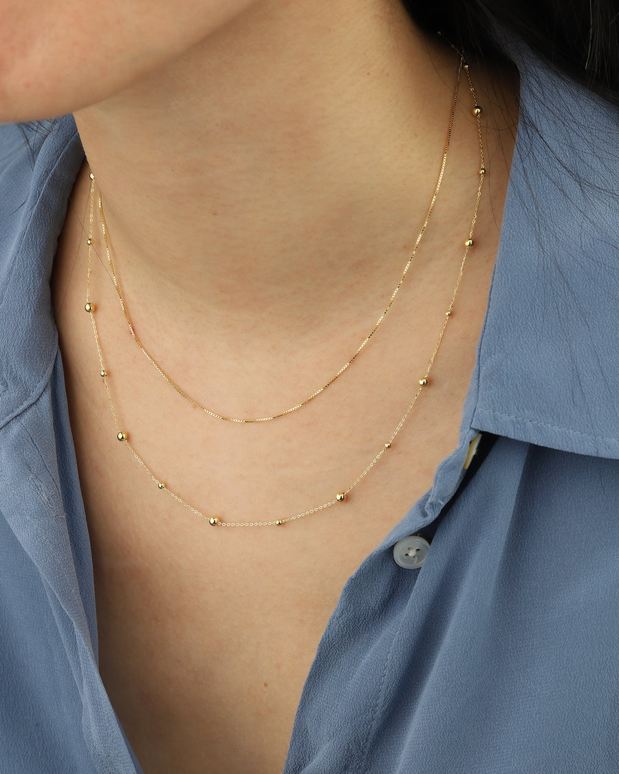 Box Chain Necklace 14k Yellow Gold, White Pearl / 16"