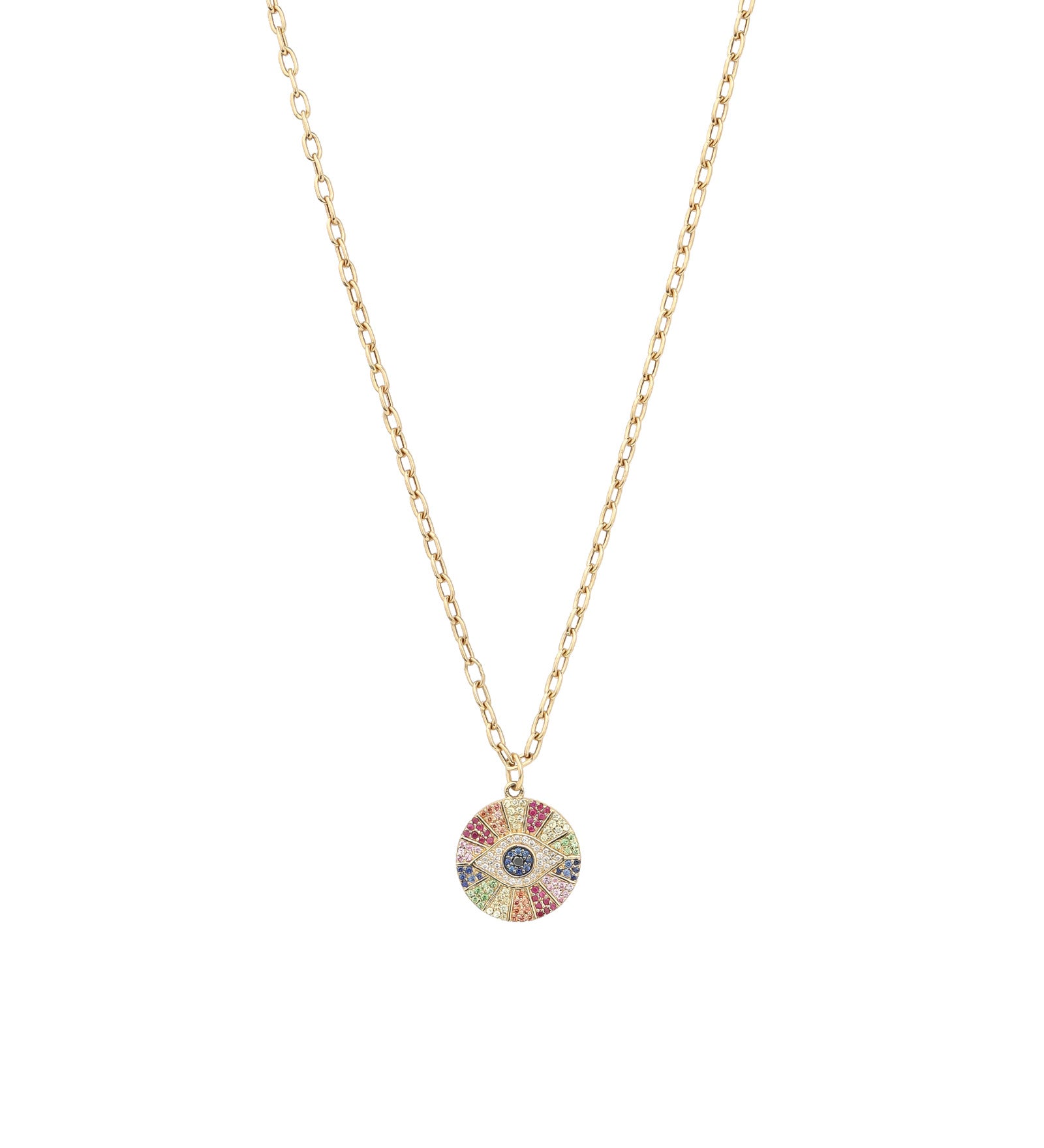 Goldhive-Large Evil Eye Ray Cable Necklace-Necklaces-14k Yellow Gold, Diamond-Blue Ruby Jewellery-Vancouver Canada