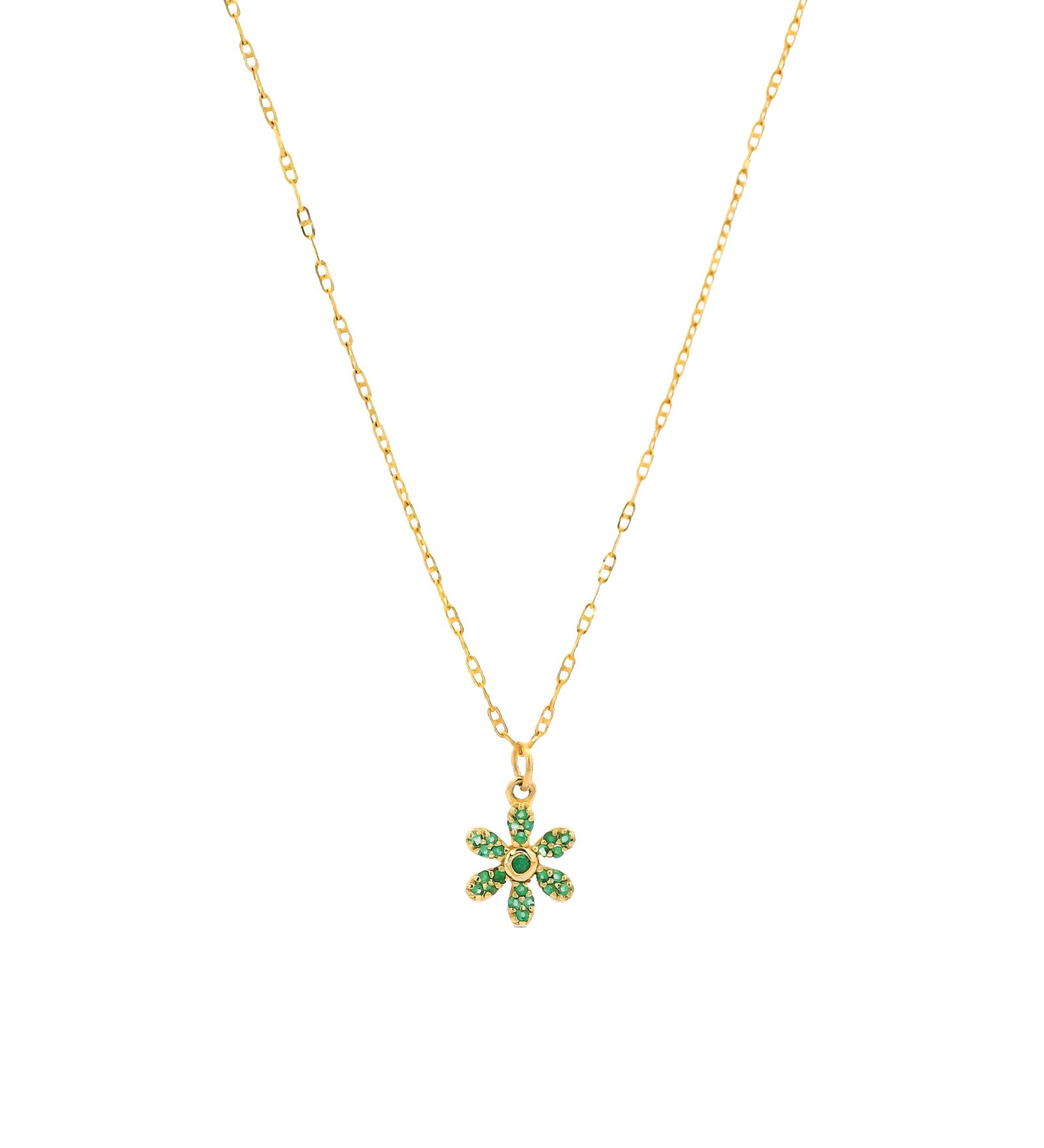 6 Petal Emerald Flower Anchor Chain Necklace 14k Yellow Gold, Emerald