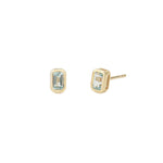 Bezeled Baguette Stone Studs 14k Yellow Gold, Blue Topaz