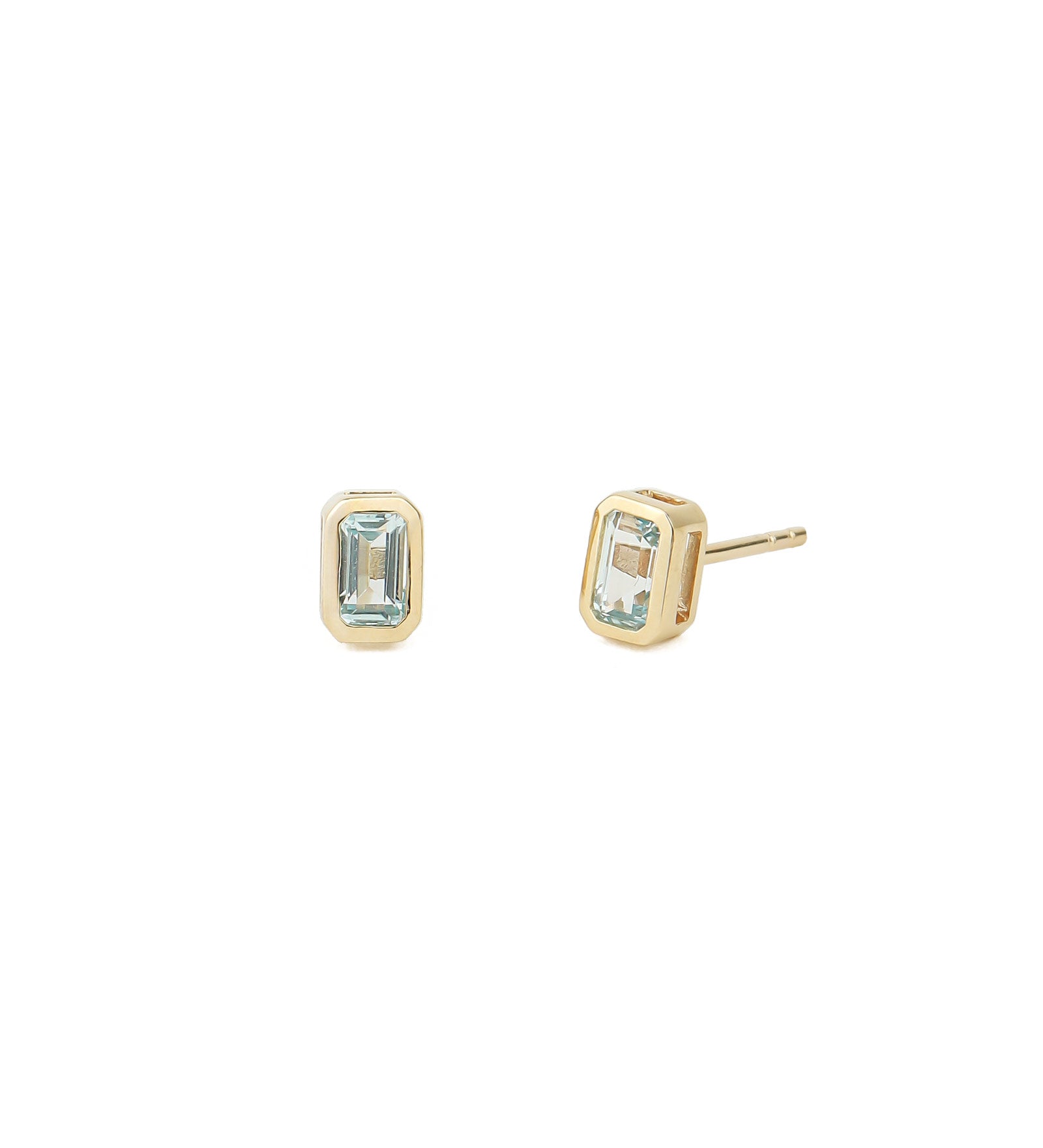 Bezeled Baguette Stone Studs 14k Yellow Gold, Blue Topaz