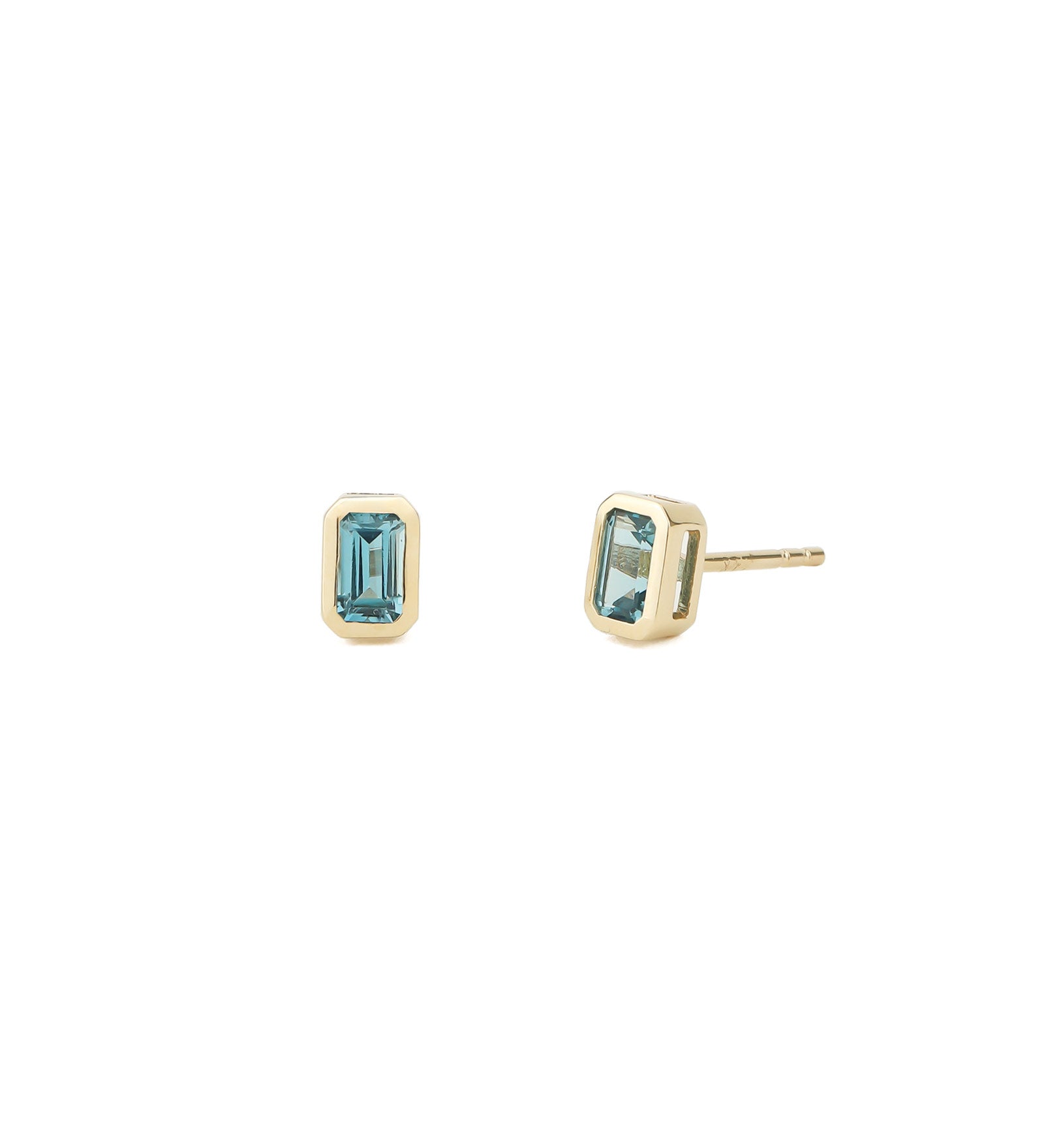 Bezeled Baguette Stone Studs 14k Yellow Gold, London Blue Topaz
