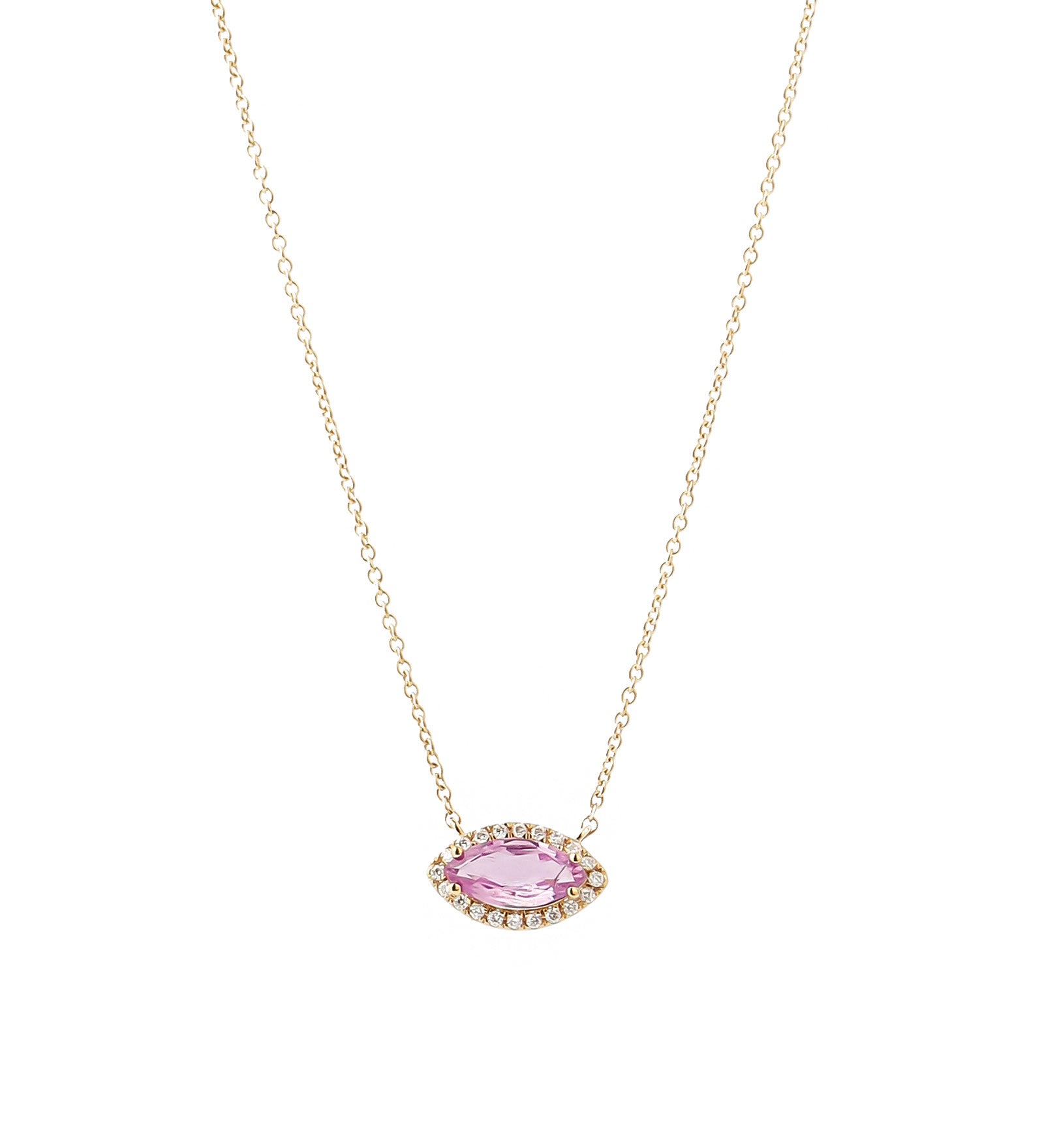 Marquise Pink Sapphire + Diamond Halo Necklace 14k Yellow Gold, Diamond