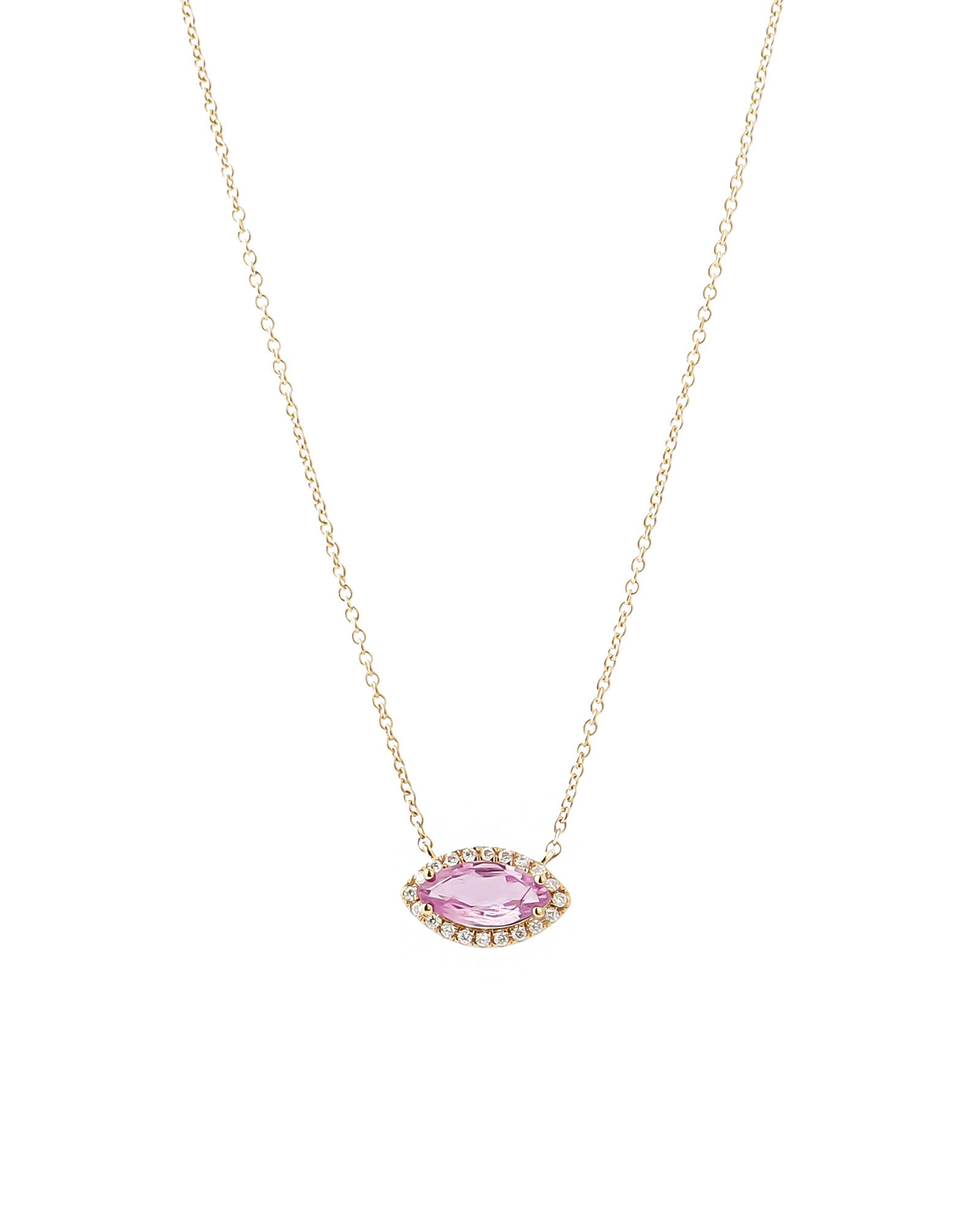 Marquise Pink Sapphire + Diamond Halo Necklace 14k Yellow Gold, Diamond
