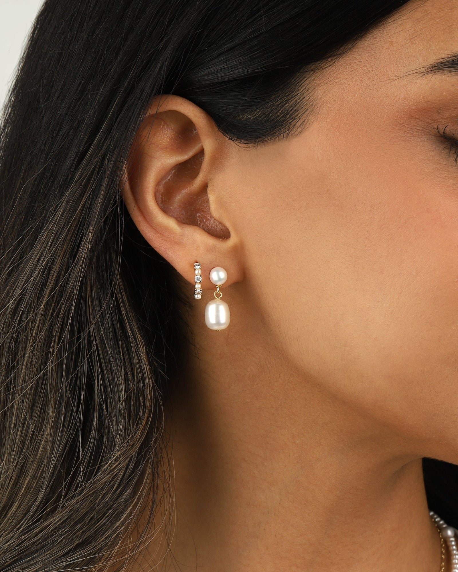Goldhive-Pearl Diamond Huggies | 12mm-Earrings-Blue Ruby Jewellery-Vancouver Canada