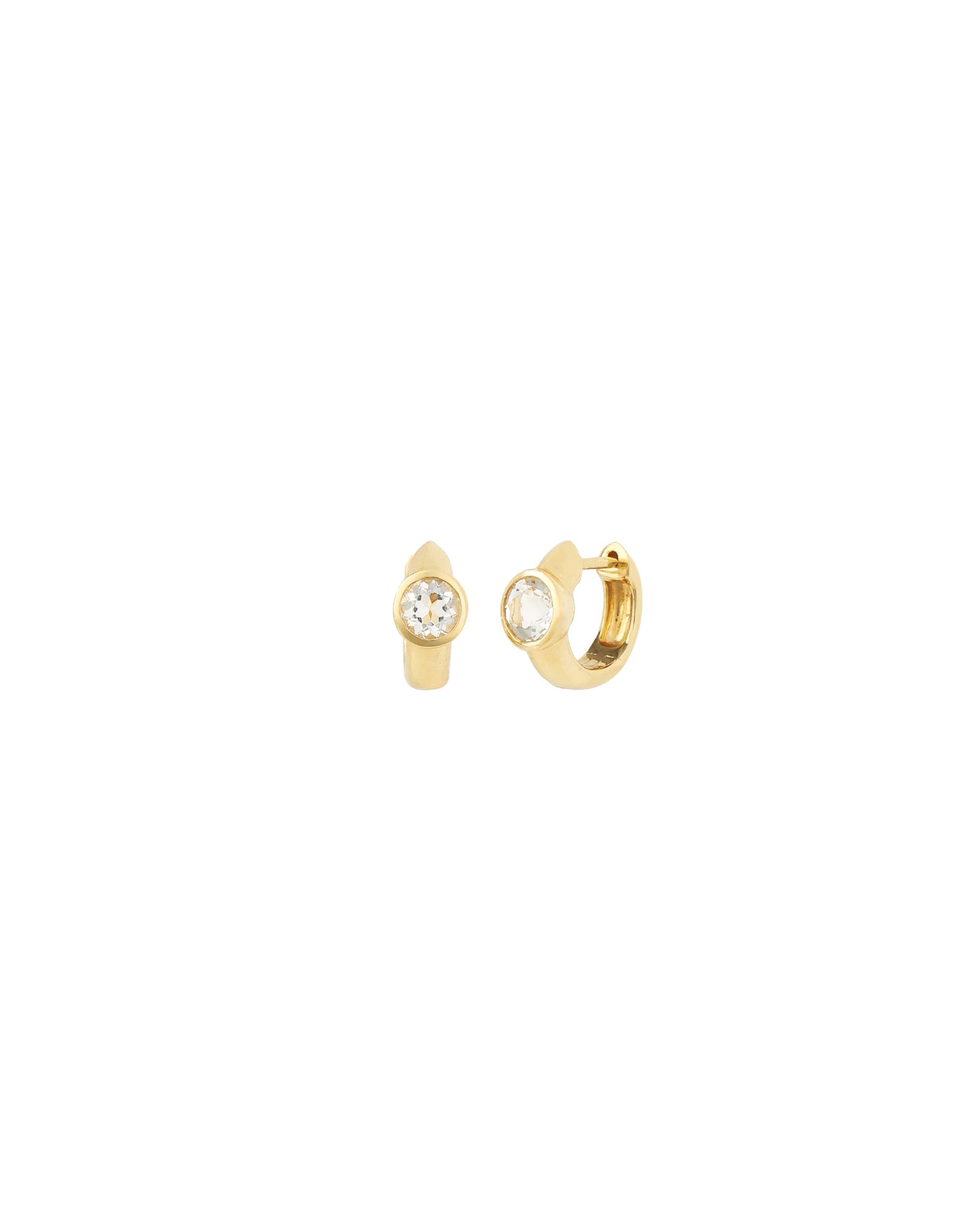 Goldhive-Round Stone Huggies | 12mm-Earrings-14k Yellow Gold, White Topaz-Blue Ruby Jewellery-Vancouver Canada