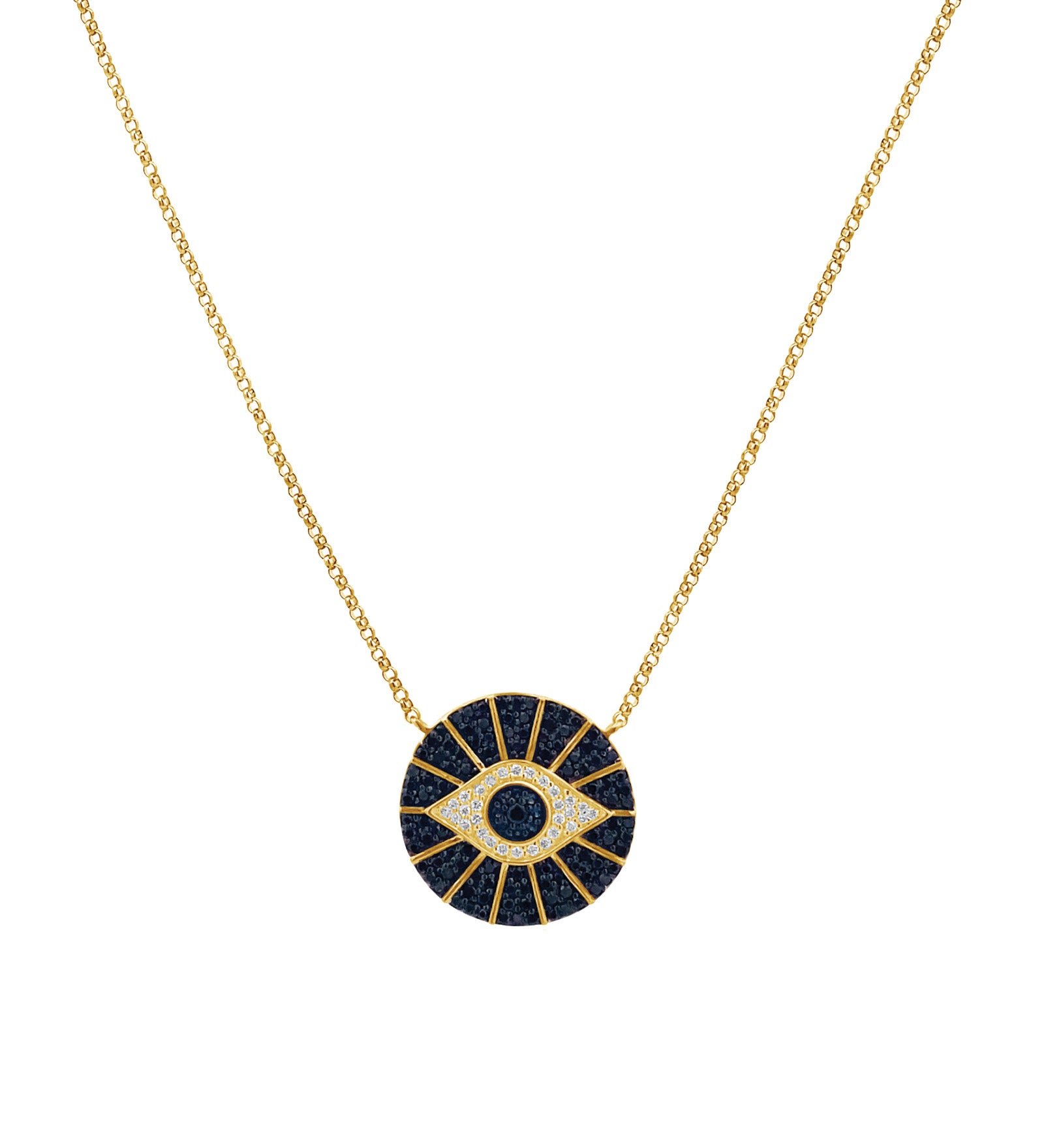 Goldhive-Evil Eye Sunburst Necklace-14k Yellow Gold, Diamond, Blue Sapphire-Blue Ruby Jewellery-Vancouver Canada