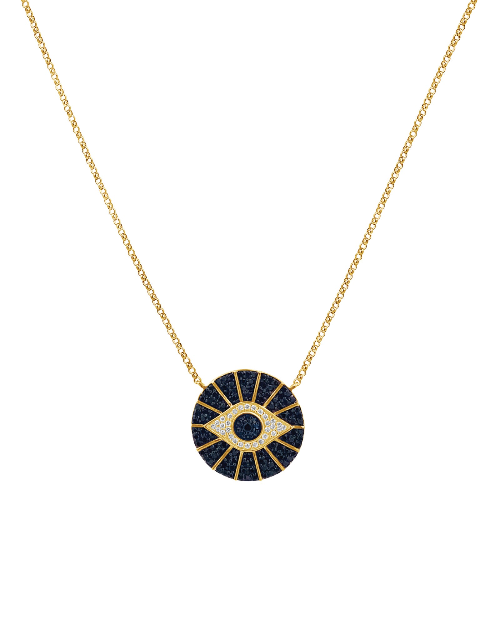 Goldhive-Evil Eye Sunburst Necklace-14k Yellow Gold, Diamond, Blue Sapphire-Blue Ruby Jewellery-Vancouver Canada