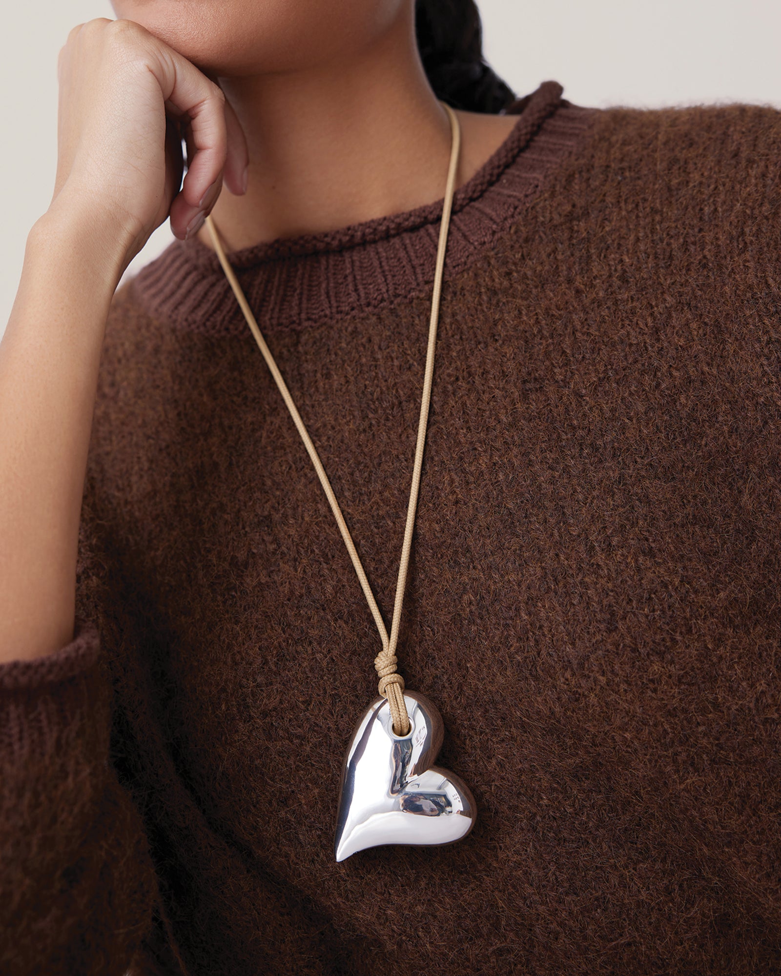 Mega Art Heart On A String Necklace Silver Dipped Brass, Recycled Polyester Cord