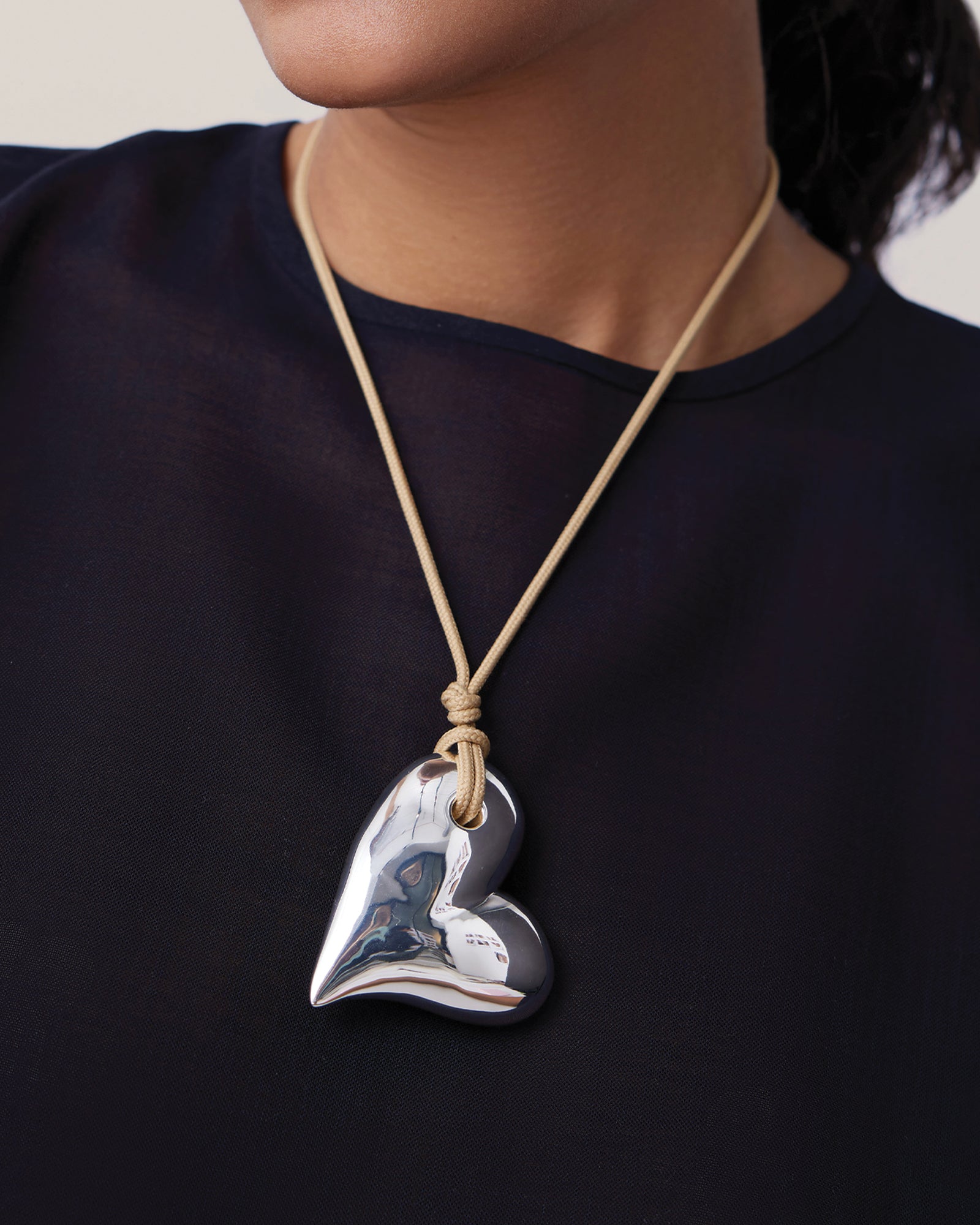 Mega Art Heart On A String Necklace Silver Dipped Brass, Recycled Polyester Cord